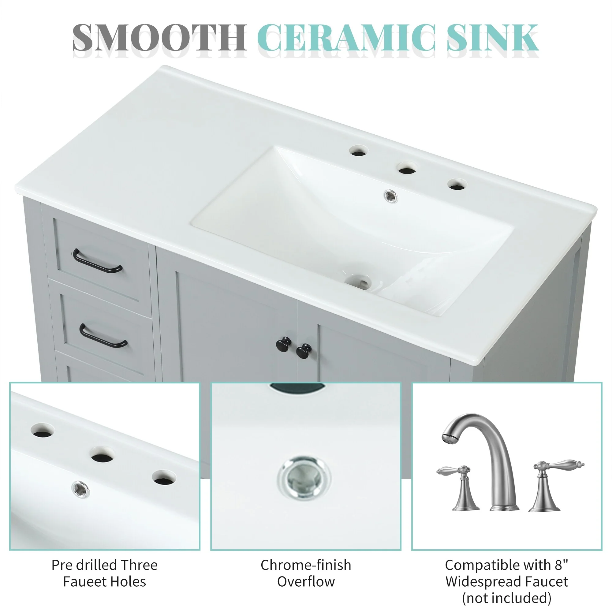 Bathroom Vanity with Ceramic Sink, Bathroom Storage Cabinet with 2 Drawers, Bathroom Vanity with 1 Tip-Out Drawer and 1 Door