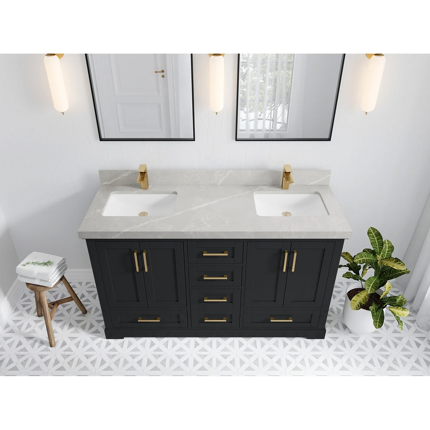 Willow Collection 60 in W x 22 in D x 36 in H Boston Double Bowl Sink Bathroom Vanity with Countertop