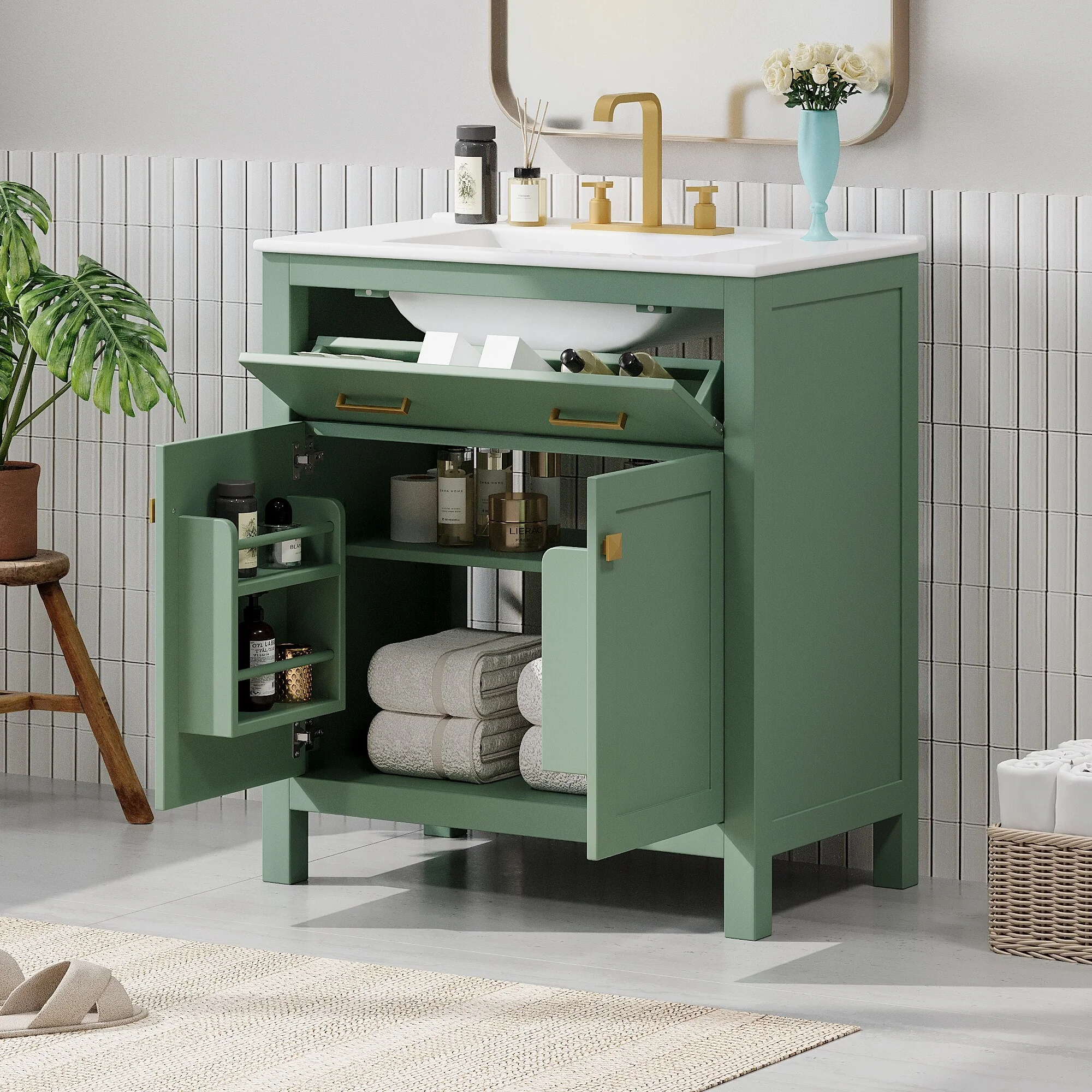 Bathroom Vanity with Sink Top, Bathroom Cabinet with Drawer and Two Doors, Freestanding Storage Cabinet with Shelf