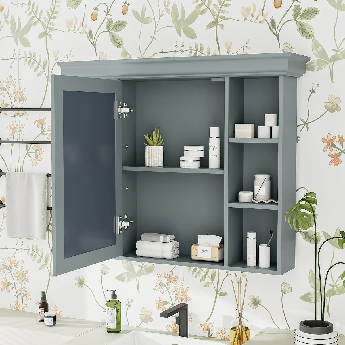 Modern Wall Mounted Bathroom Medicine Cabinet with Mirror Door & 6 Open Shelves