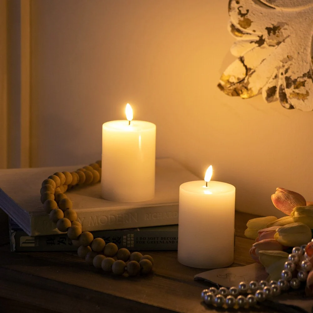 Set of 2 White LED Candles with Wick and Remote Control Timer,3X4