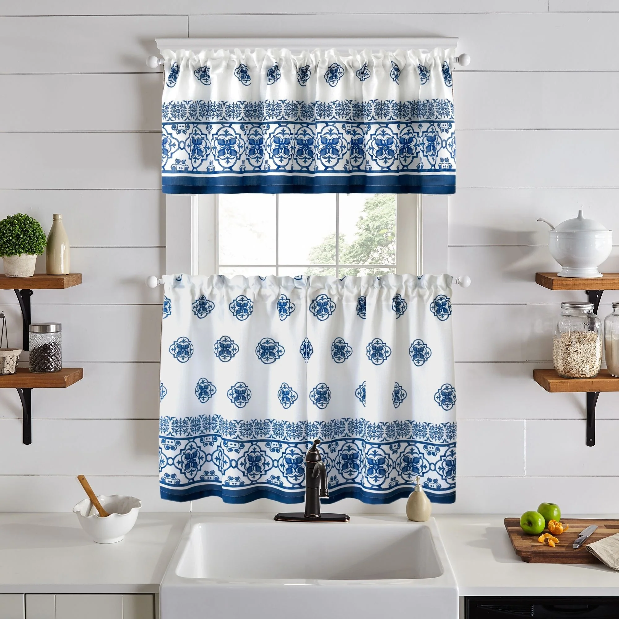 Amani Tile 3-Piece Kitchen Curtain Tier Set & Valance