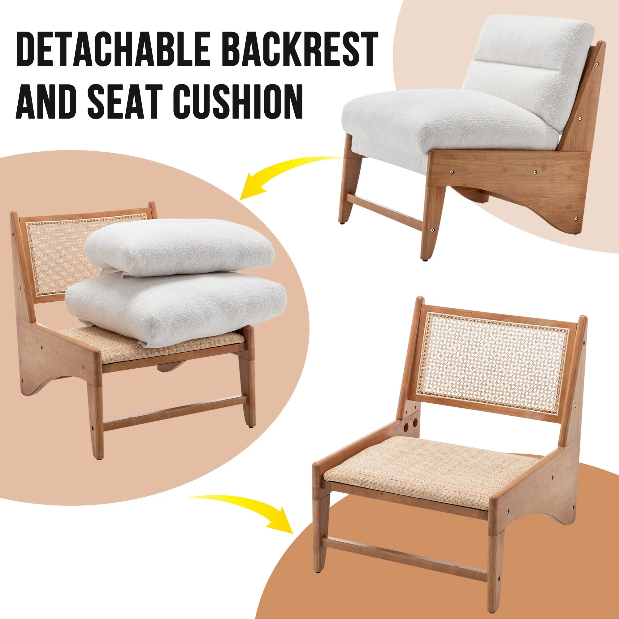 Rattan Chair Mid Century Modern Accent Chair Upholstered Armless Reading Side Chair for Living Room Bedroom Chair