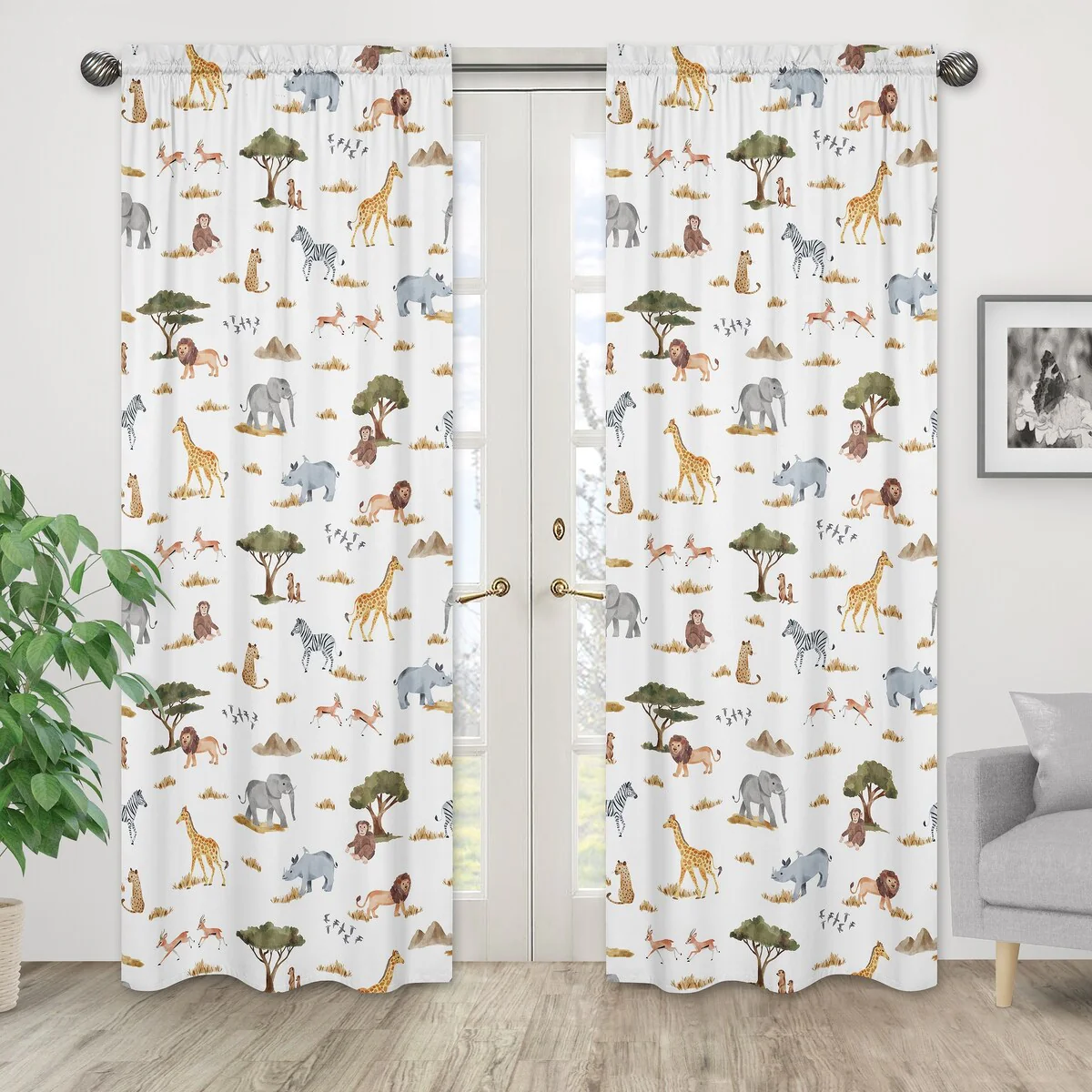 Jungle Animal 84in Window Treatment Curtain Panels Hunter Green Grey Black and White Safari Elephant Giraffe Lion Monkey Leopard