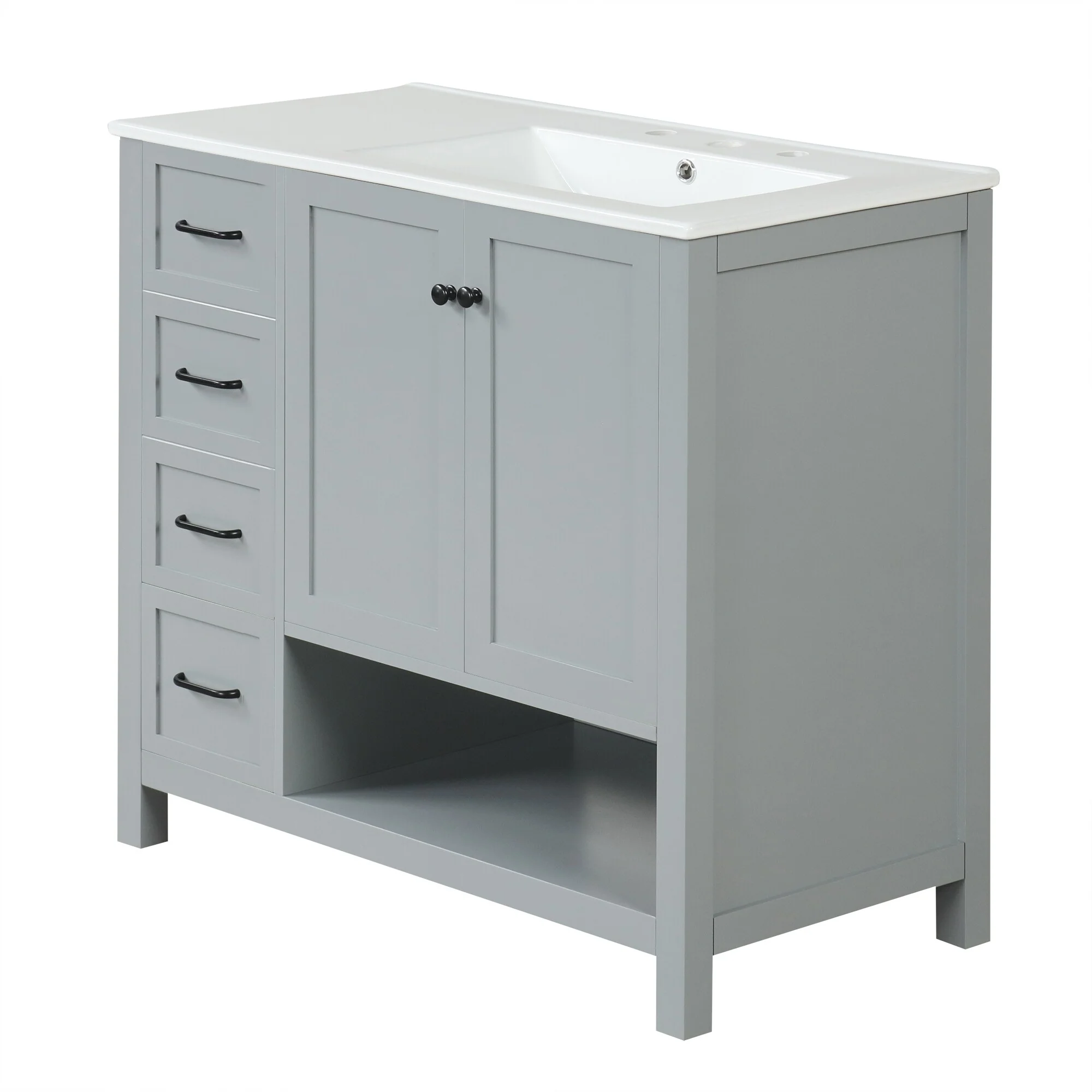 Bathroom Vanity with Ceramic Sink, Bathroom Storage Cabinet with 2 Drawers, Bathroom Vanity with 1 Tip-Out Drawer and 1 Door