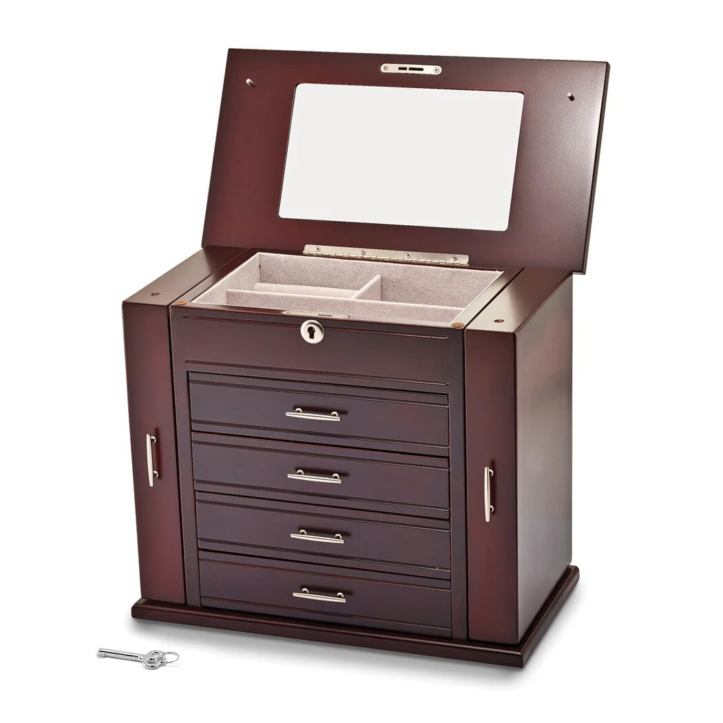 Curata Giftware Matte Mahogany Finish Poplar Veneer 4-Drawer W/Swing-Out Sides Locking Wooden Jewelry Box
