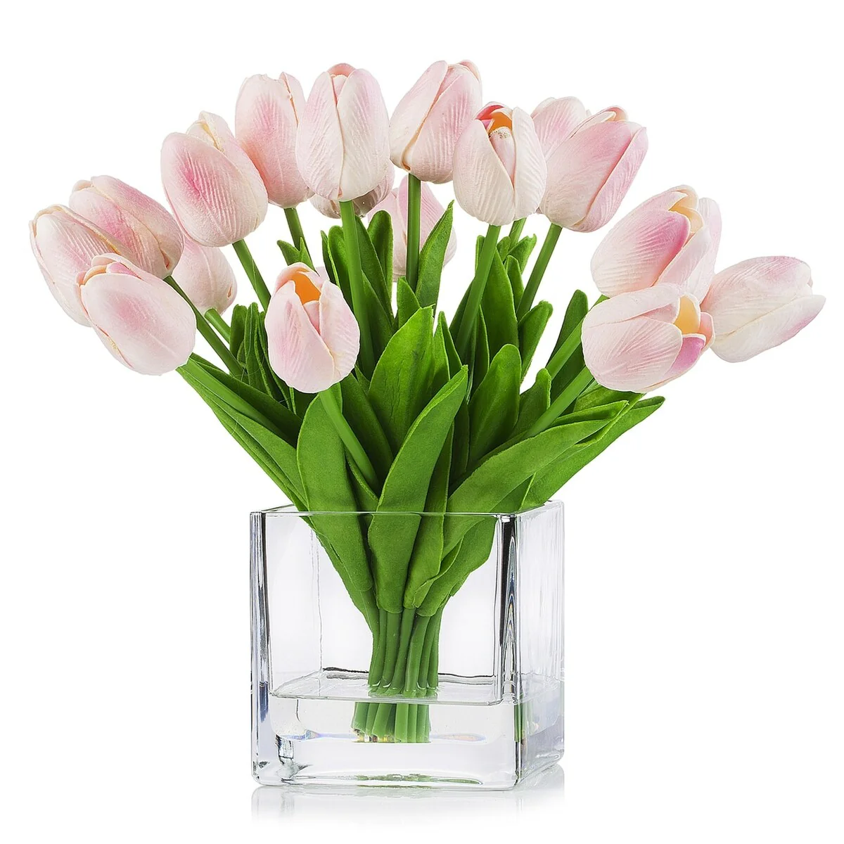 Enova Home 20 Pieces Artificial Real Touch Tulips Fake Silk Flowers Arrangement in Cube Glass Vase with Faux Water