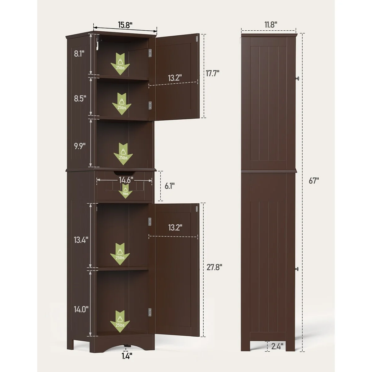 Freestanding Narrow Tall Bathroom Storage Cabinet with Adjustable Shelves, Door and Open Shelves