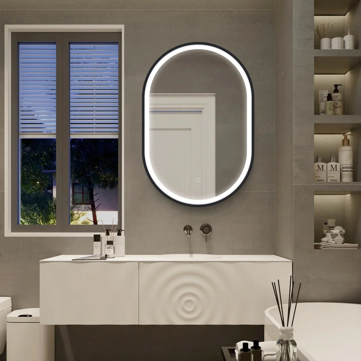 LED Oval Black Metal Framed Wall mount Bathroom Medicine Cabinet