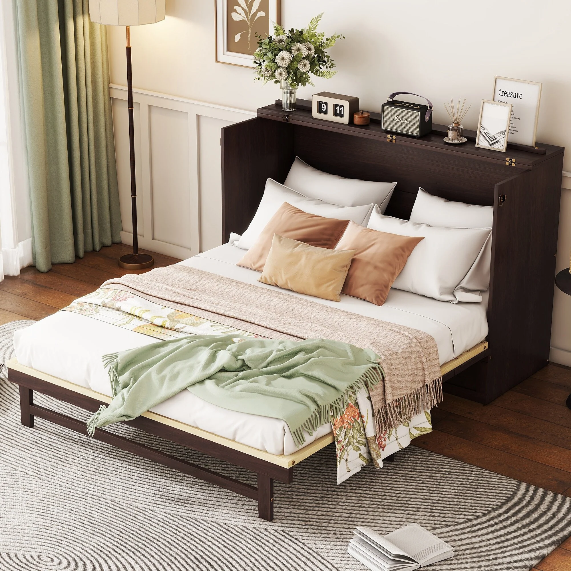 Cube Wall Cabinet Bed Queen Size Folding Bed Pine Wood Murphy Bed Cabinet with Rattan Decoration and Large Storage Drawer