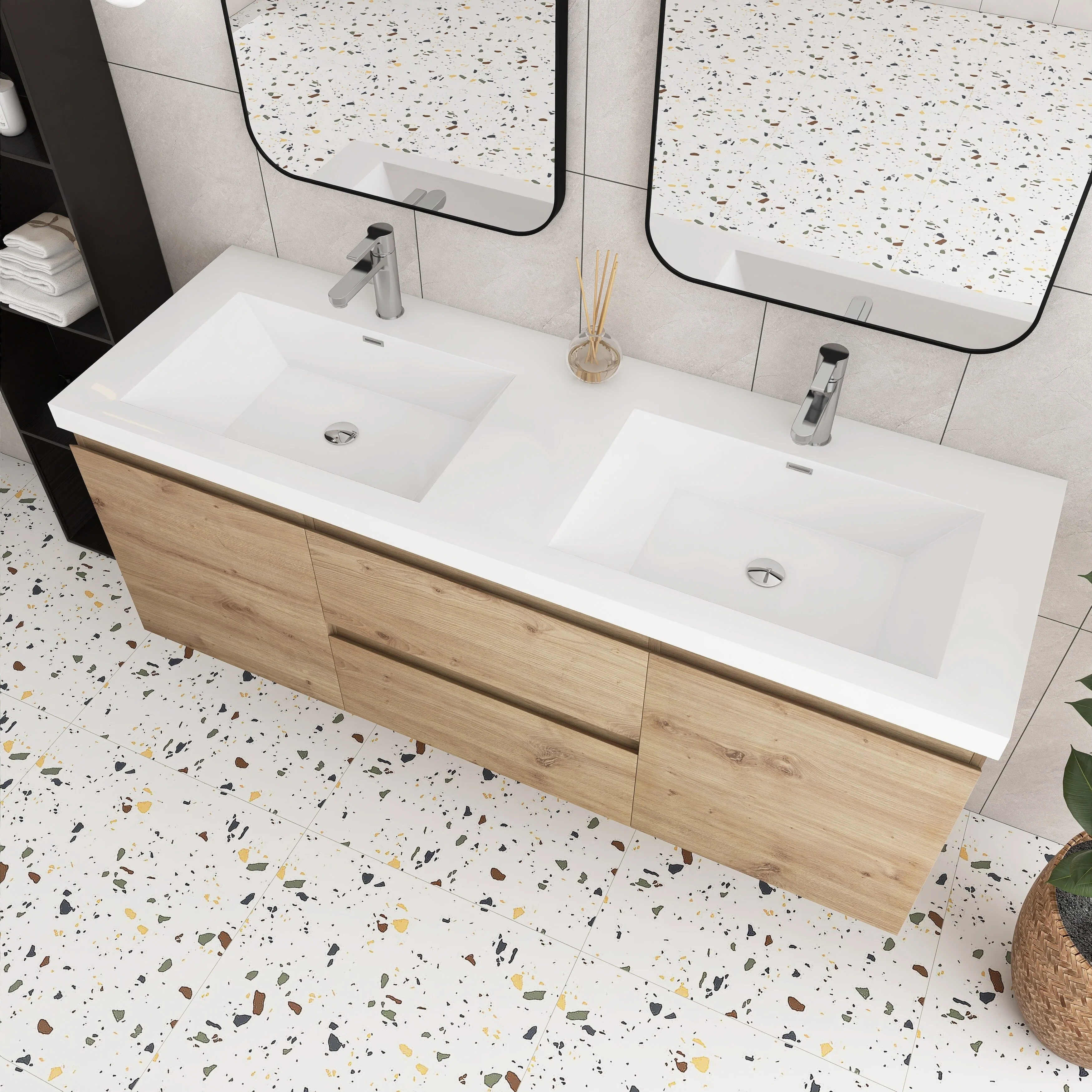 Angela Wall Mounted Bathroom Vanity in F. Oak with White Cultured Marble Top