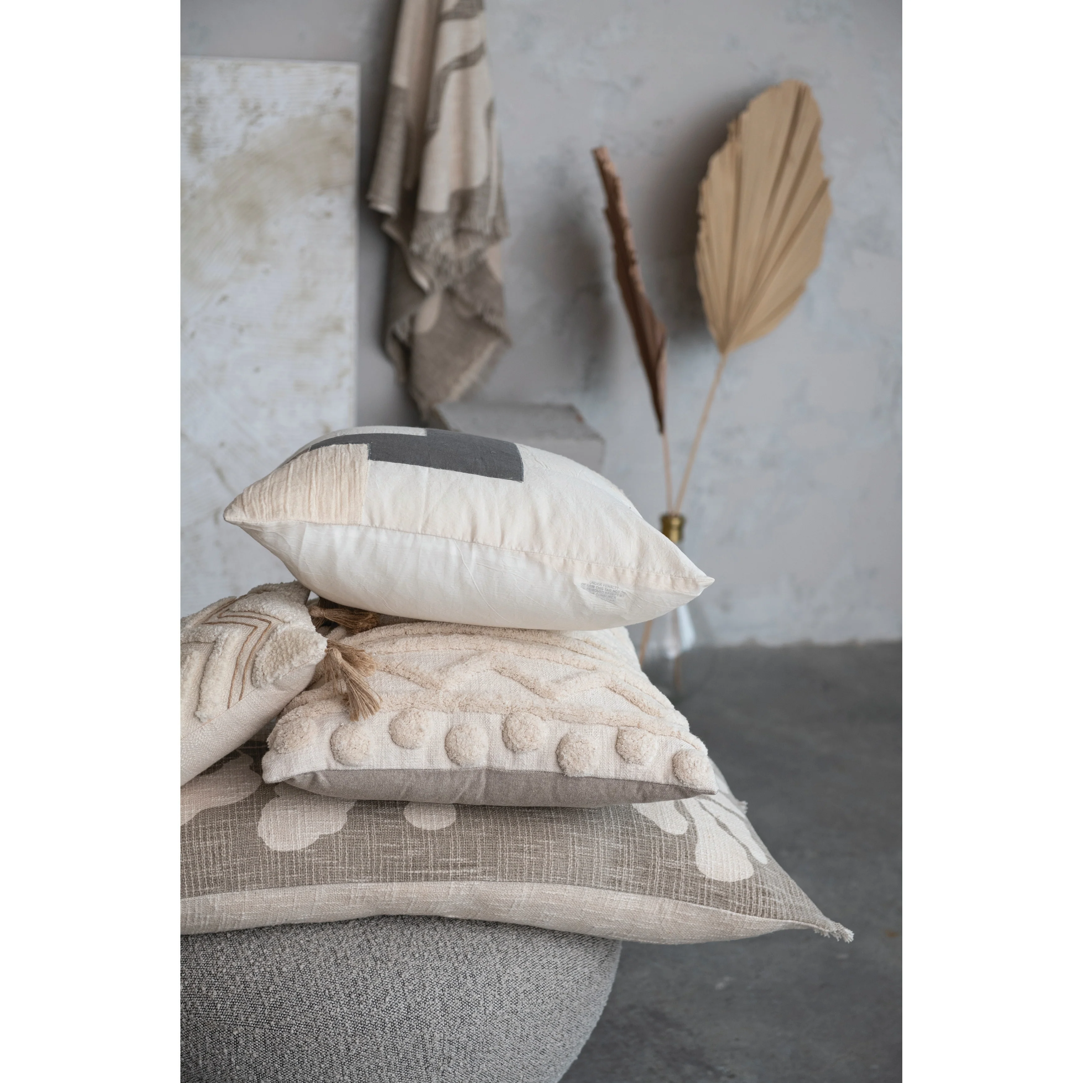 Cotton Throw Pillow Cover with Patchwork Geometric Design