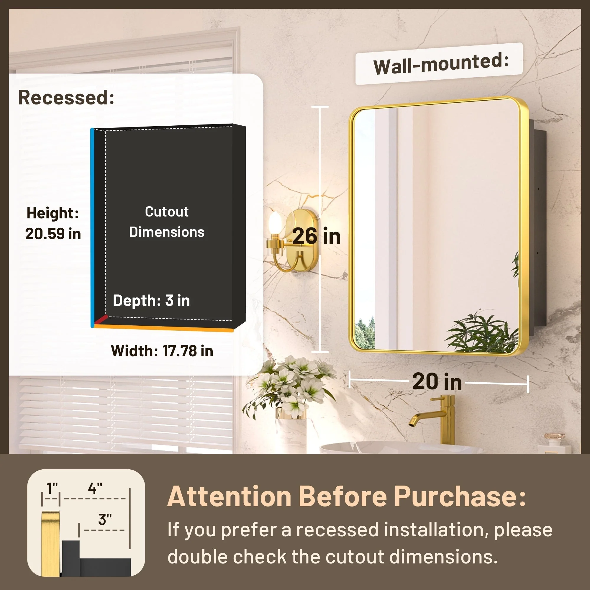 KEONJINN Medicine Cabinets for Bathroom with Mirror, Stainless Steel 1-3 Framed Doors