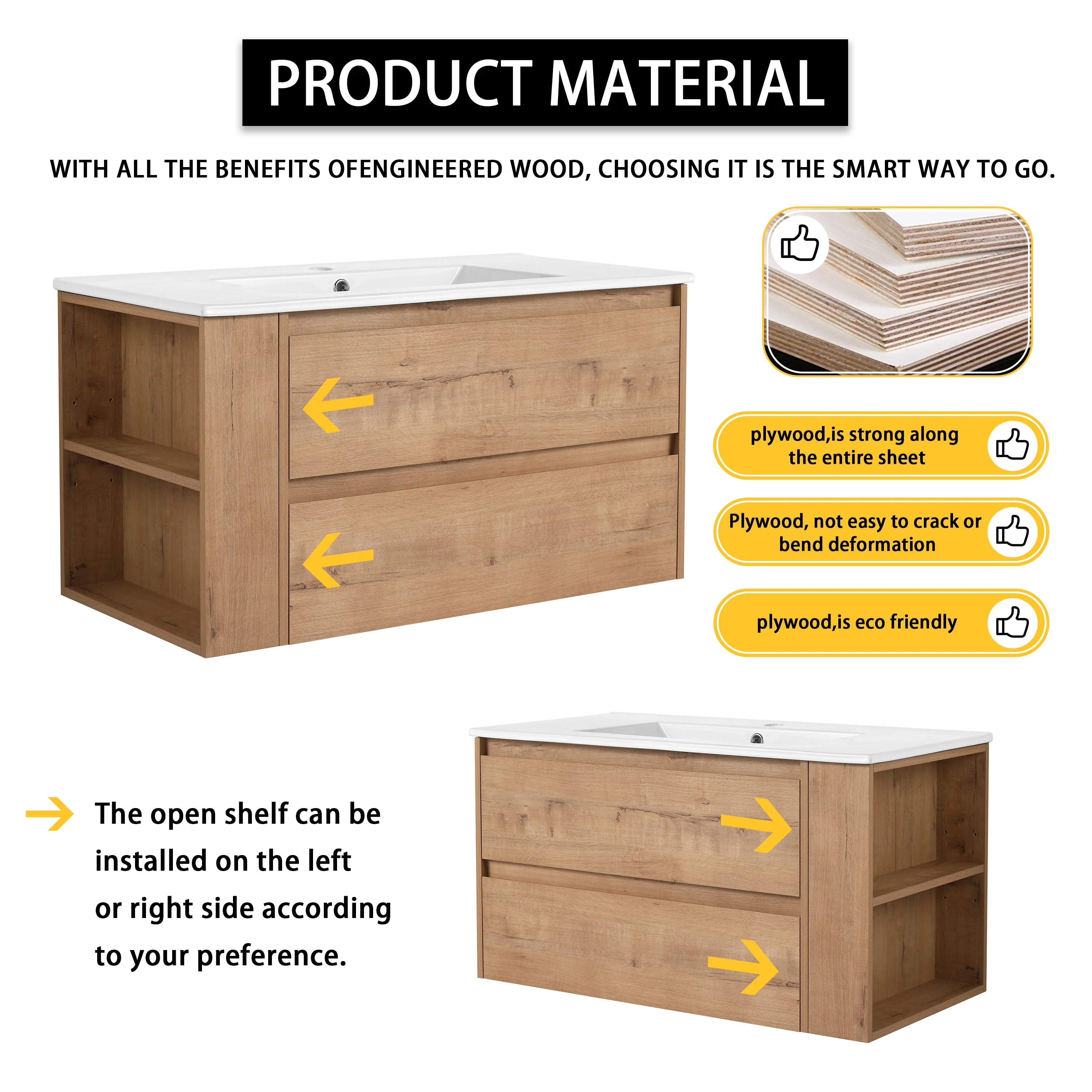 Beingnext 30''/36'' Single Sink Floating Bathroom Vanity with Soft Close Drawer and Adjustable Shelf