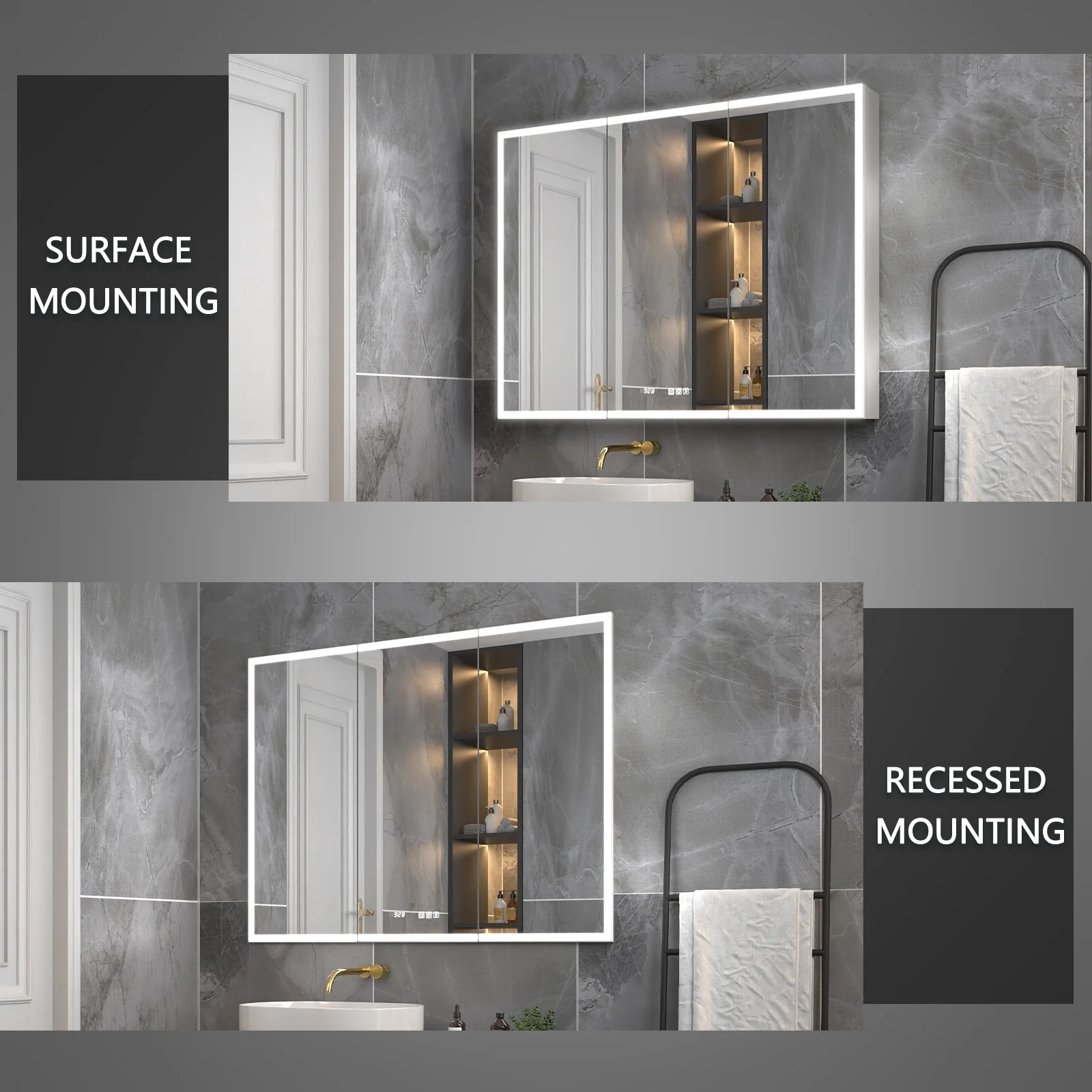 ExBrite Led Lighted Medicine Cabinet Recessed or Surface with Mirrors