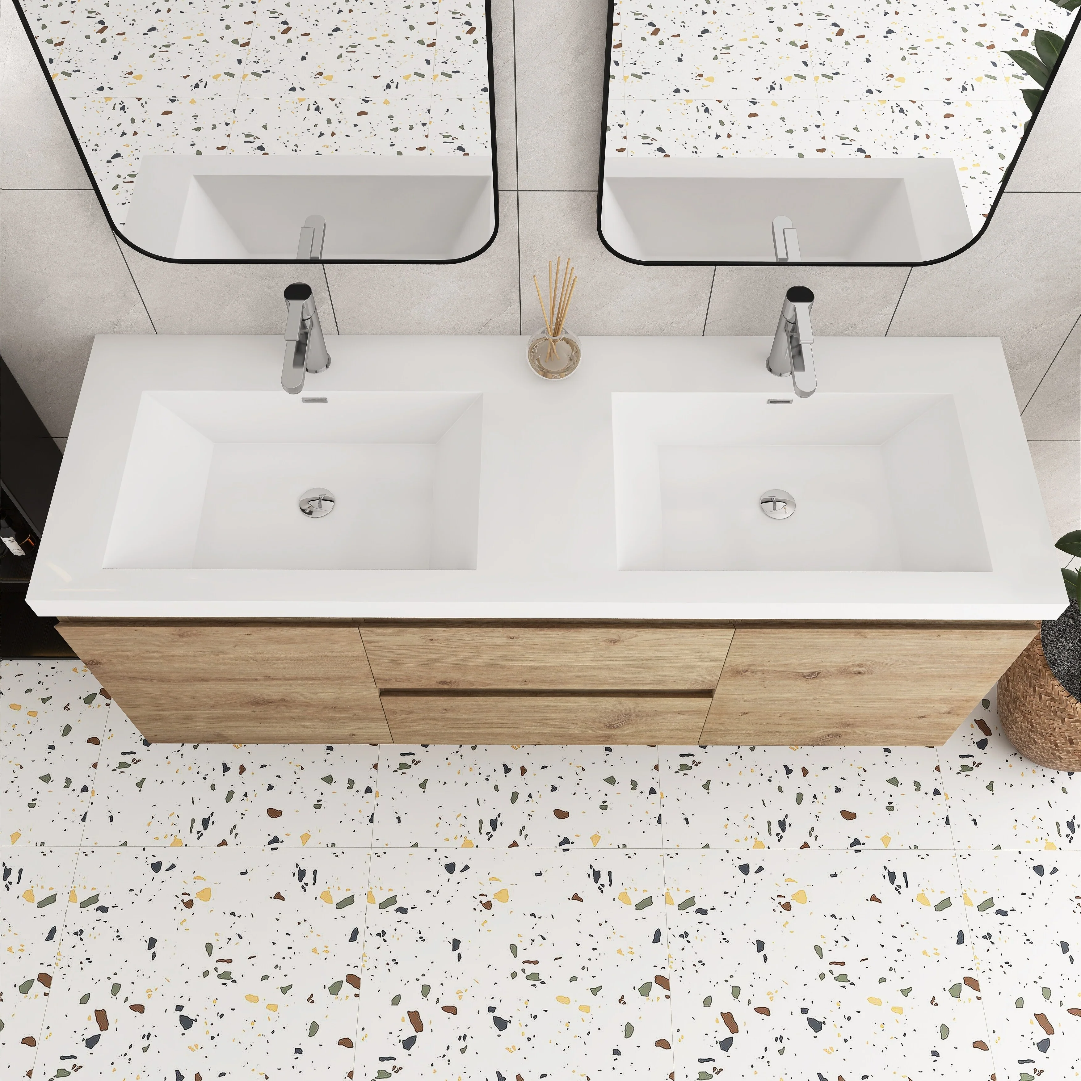 Angela Wall Mounted Bathroom Vanity in F. Oak with White Cultured Marble Top