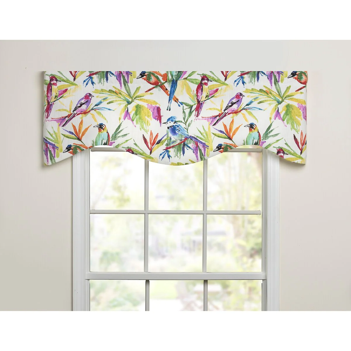 Songbirds tropical purple, blue bright colors on linen shaped valance
