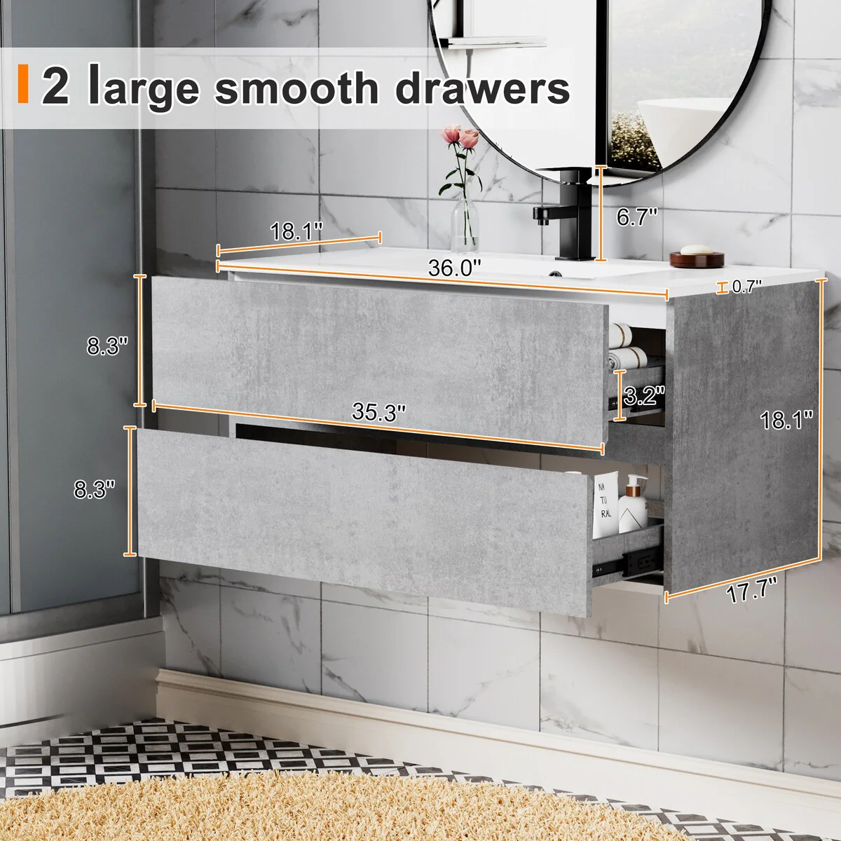 Wall Mounted Bathroom Vanity Sink Combo Cabinet Vanity Set Beveled Invisible Handles