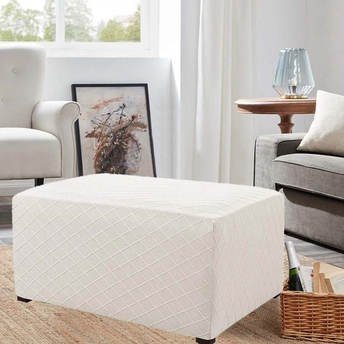 Enova Ultra Soft Rhombus Jacquard Polyester Stretch Fabric Oversized Ottoman Slipcover - N/A