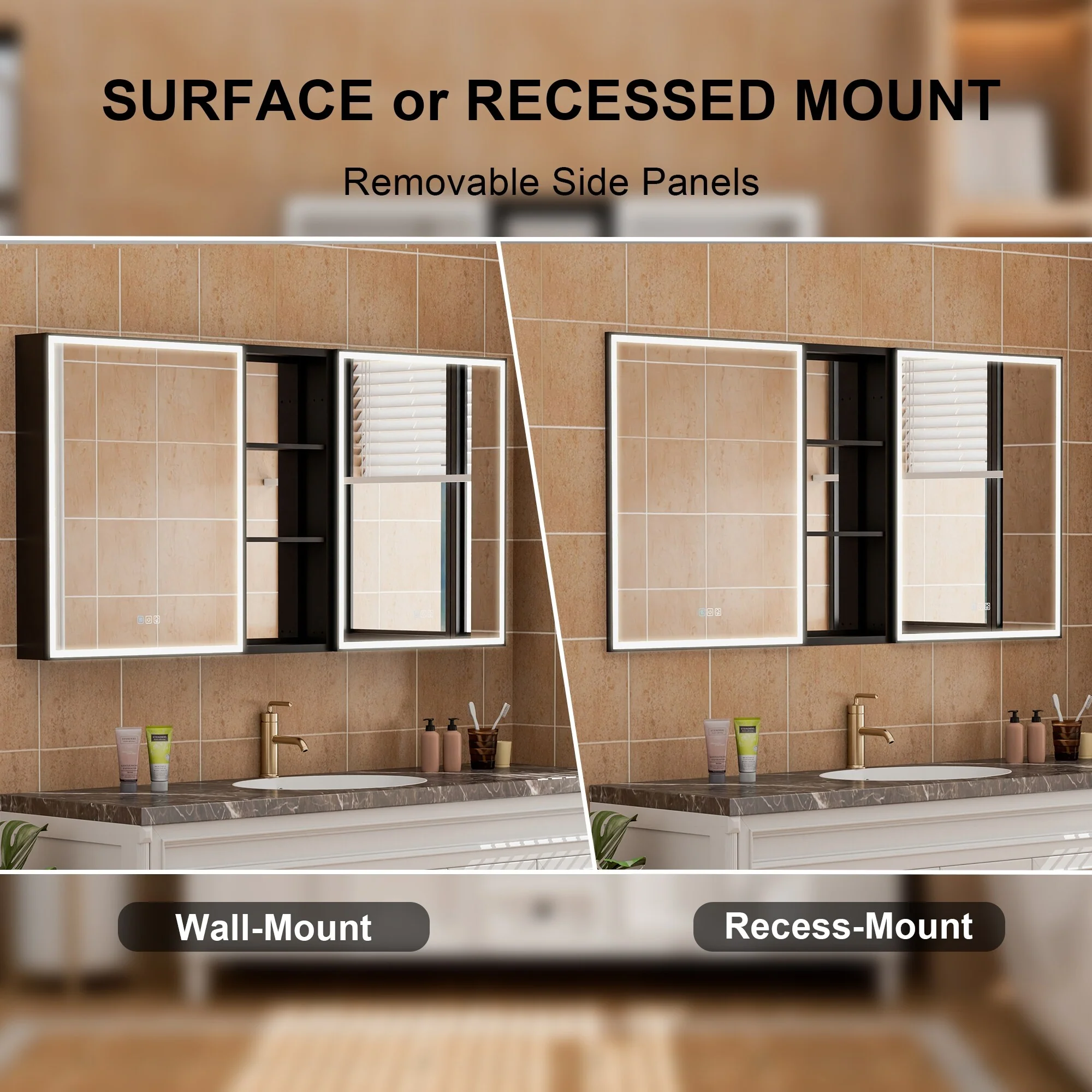 30 in. H Recessed or Surface Wall Mounted LED Mirror Cabinet With Black Side Cabinet