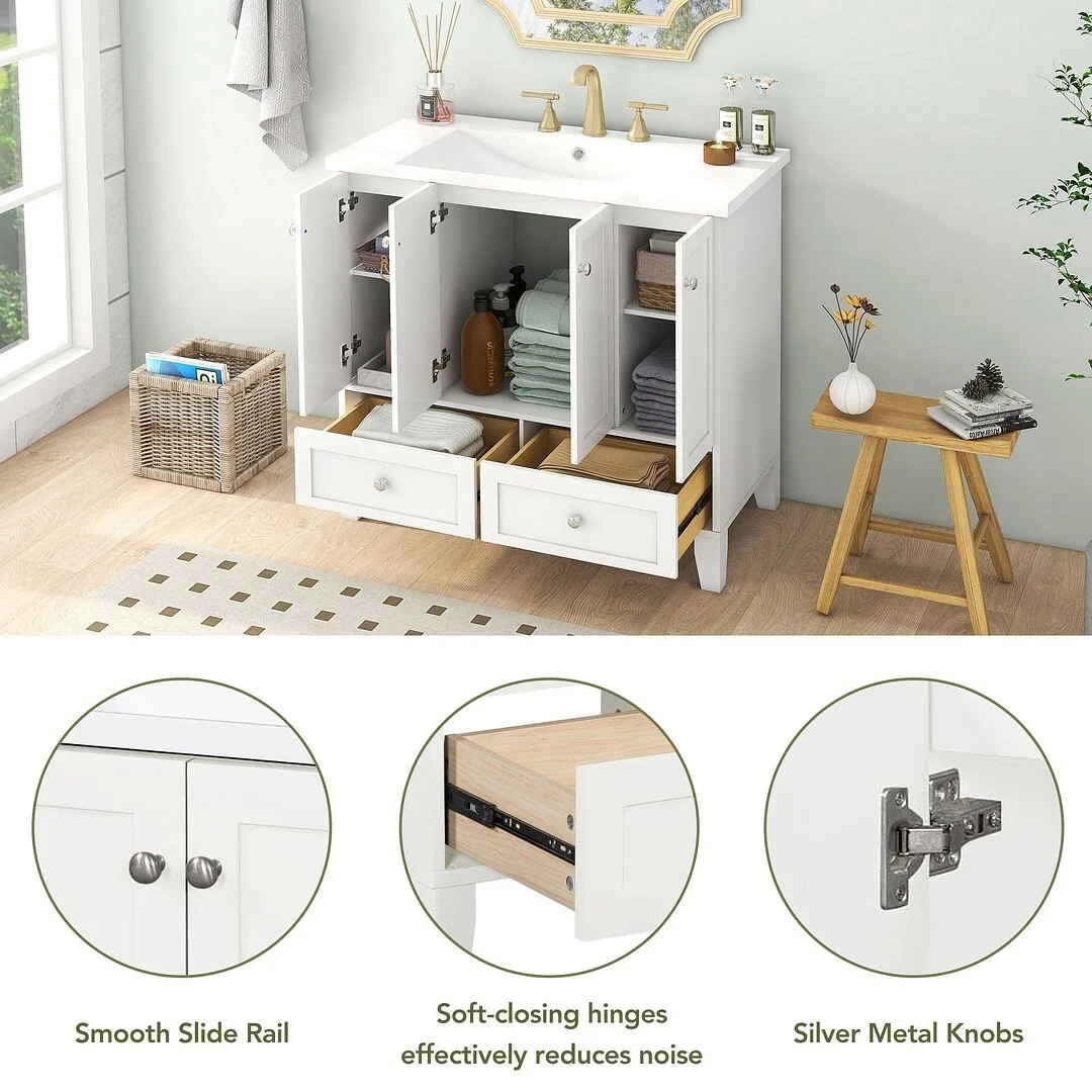 36'' Bathroom Vanity with Sink Set, Solid Wood Frame Bathroom Storage Cabinet, Freestanding Vanity Set