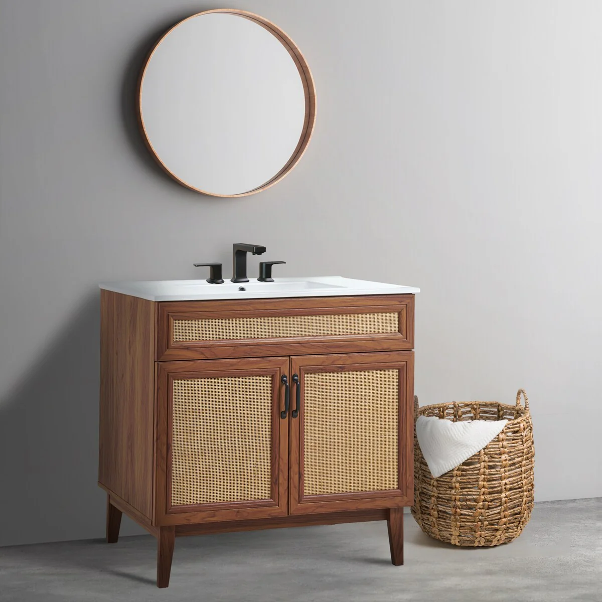 Ancillary Rattan Modern Farmhouse 2-Shelf Bath Vanity Cabinet Only (Sink Basin not Included), by JONATHAN Y