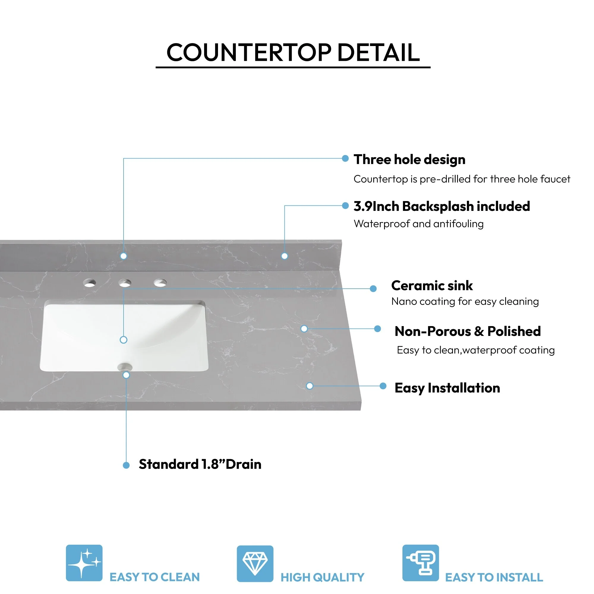 Jaen Composite Stone Vanity Top with White Rectangular Sink