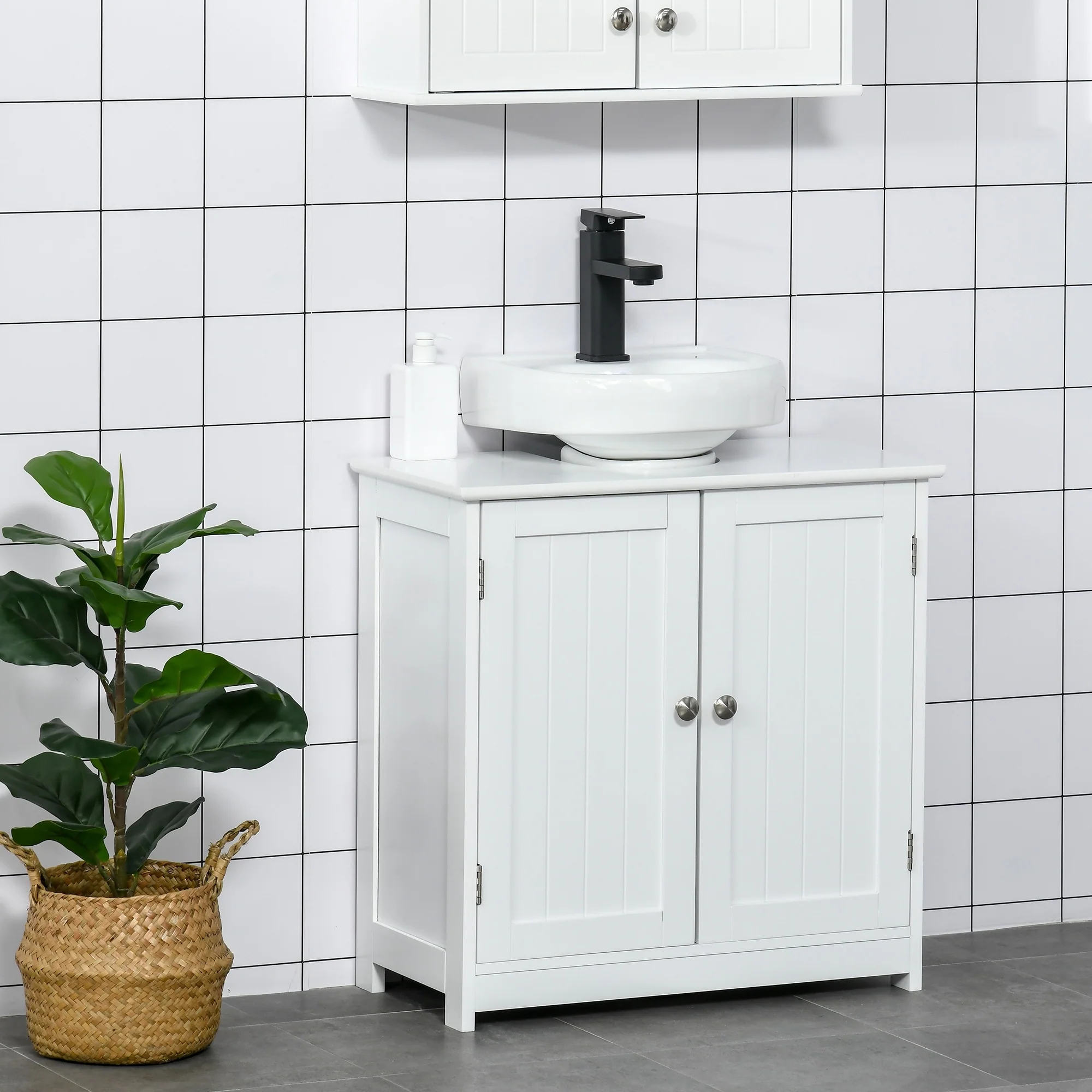 kleankin Vanity Base Cabinet, Under-Sink Bathroom Cabinet Storage with U-Shape Cut-Out, White and Grey