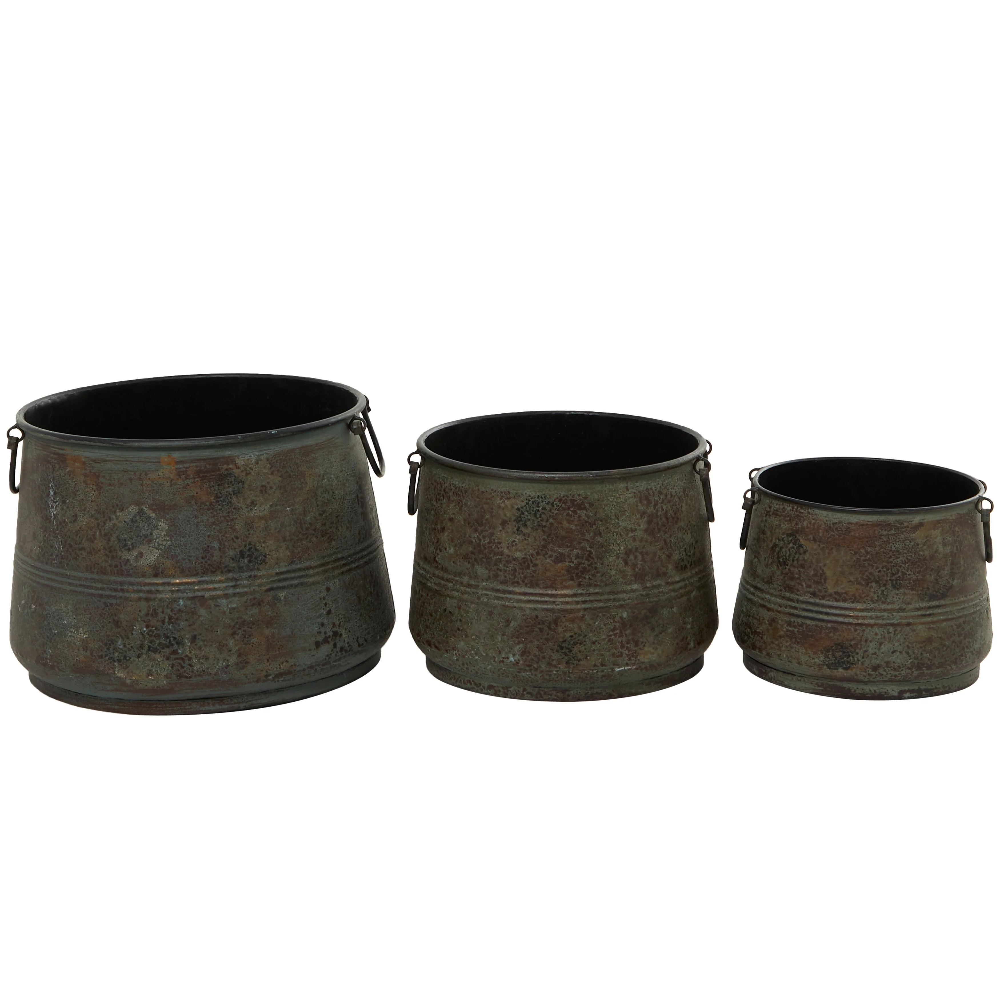 Metal Distressed Bucket Style Planter with Side Ring Handles - Set of 3 Bronze - Roche River Decor - 16