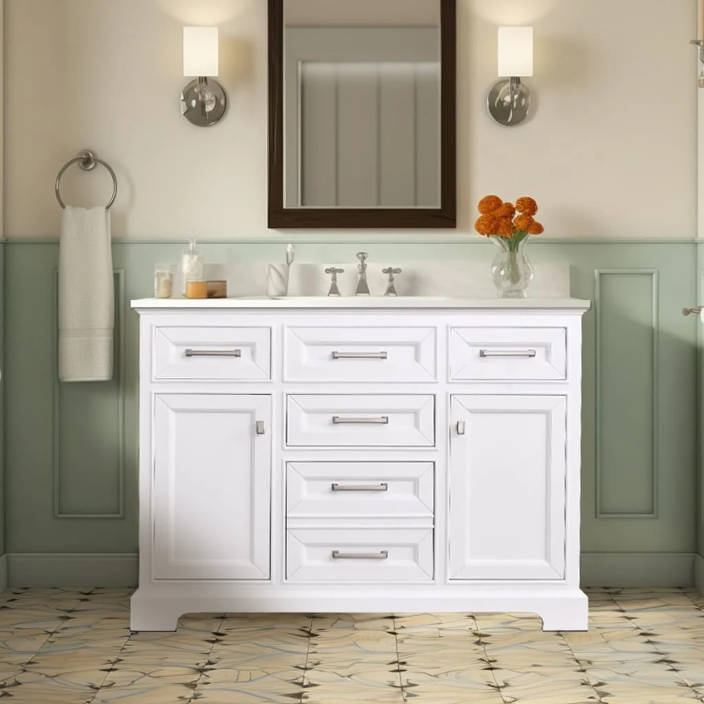 Prismarble Bathroom Vanity 48 in White with Marble Countertop & Backsplash