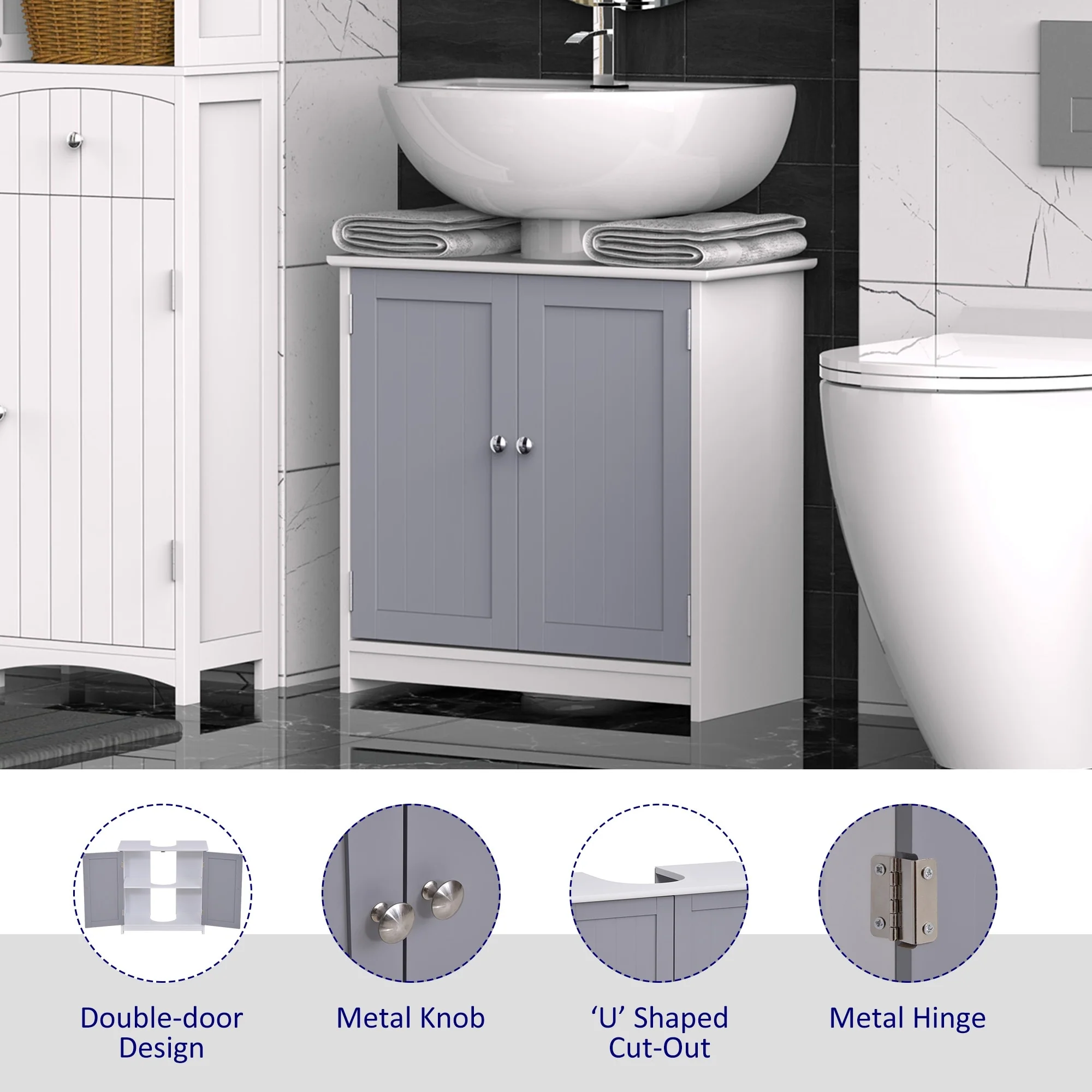 kleankin Vanity Base Cabinet, Under-Sink Bathroom Cabinet Storage with U-Shape Cut-Out, White and Grey
