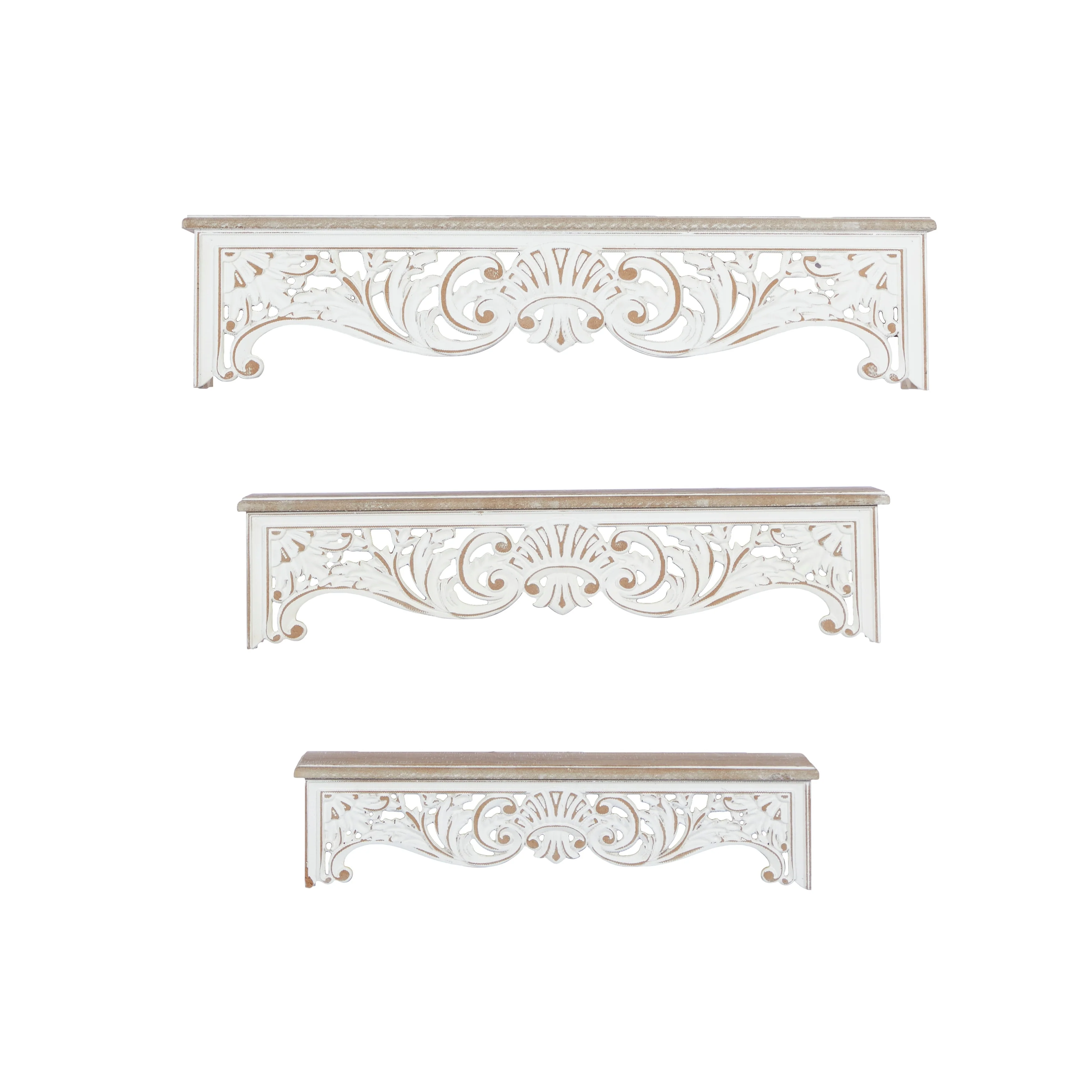 Wooden Scroll Carved 3 Shelves Wall Shelf - Set of 3 Cream - Roche River Decor - 7