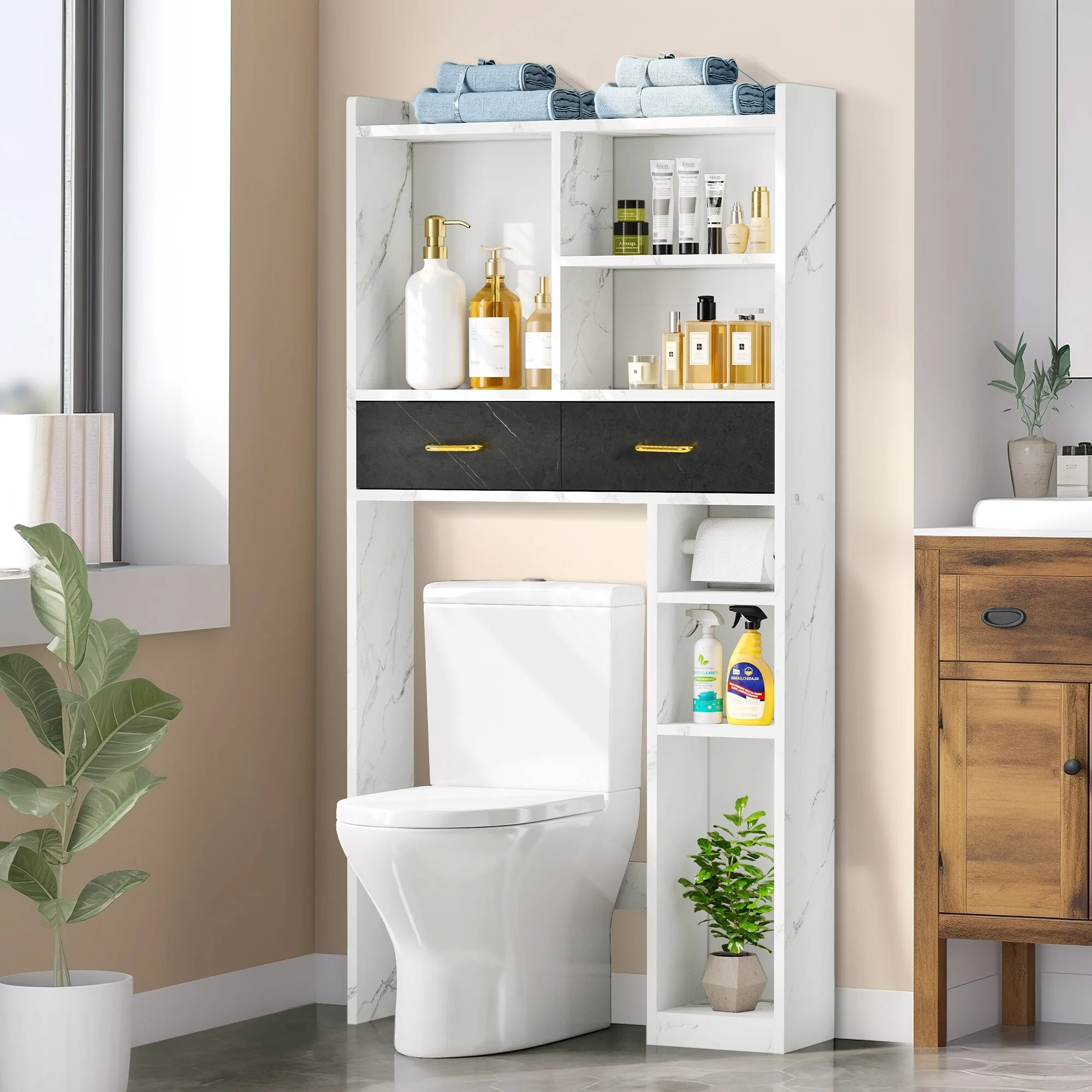 Moasis Bathroom Over The Toilet Storage Cabinet Organizer With 2 Drawer and Shelves