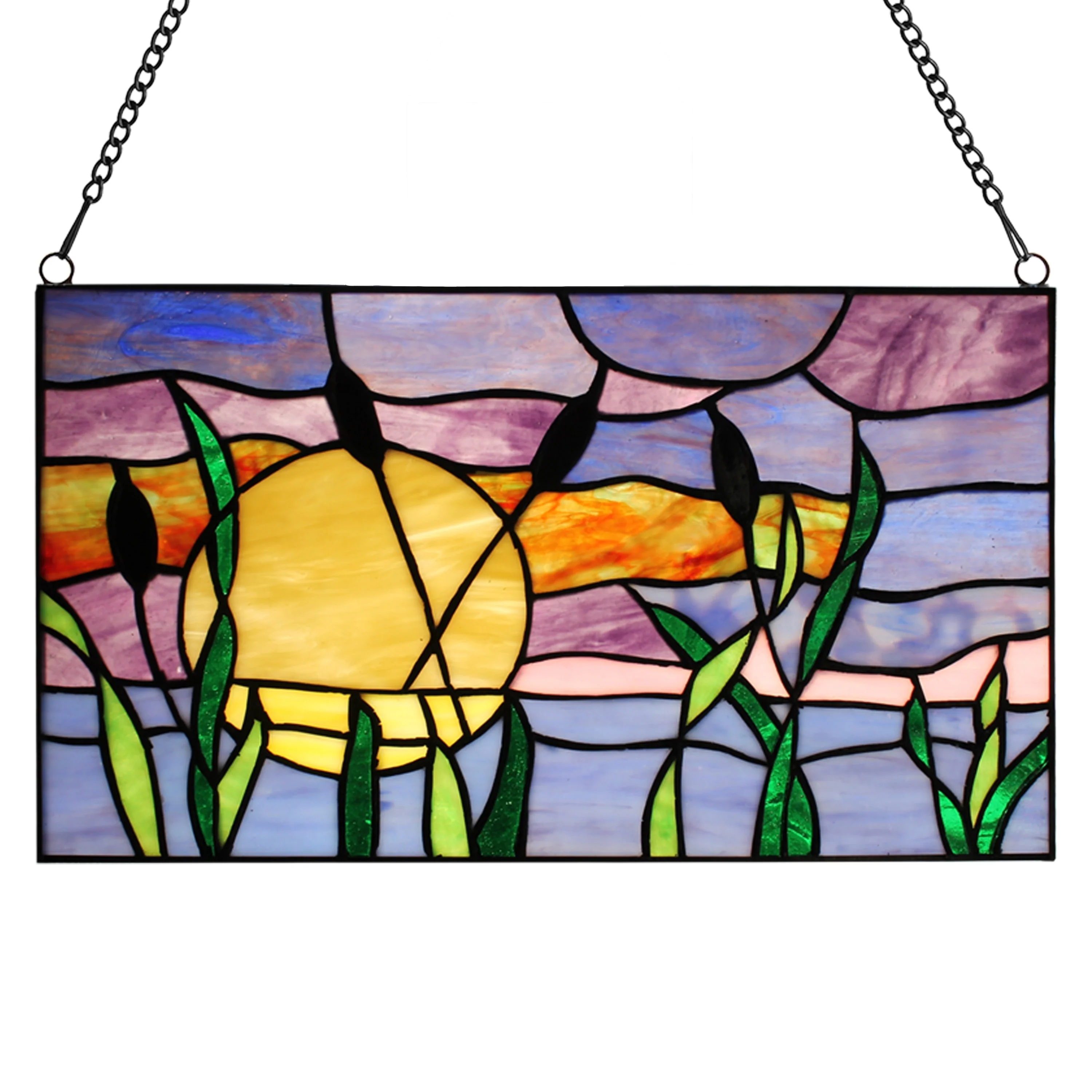 River of Goods Cattails Sunset River of Goods Multicolored Stained Glass Window Panel - 14