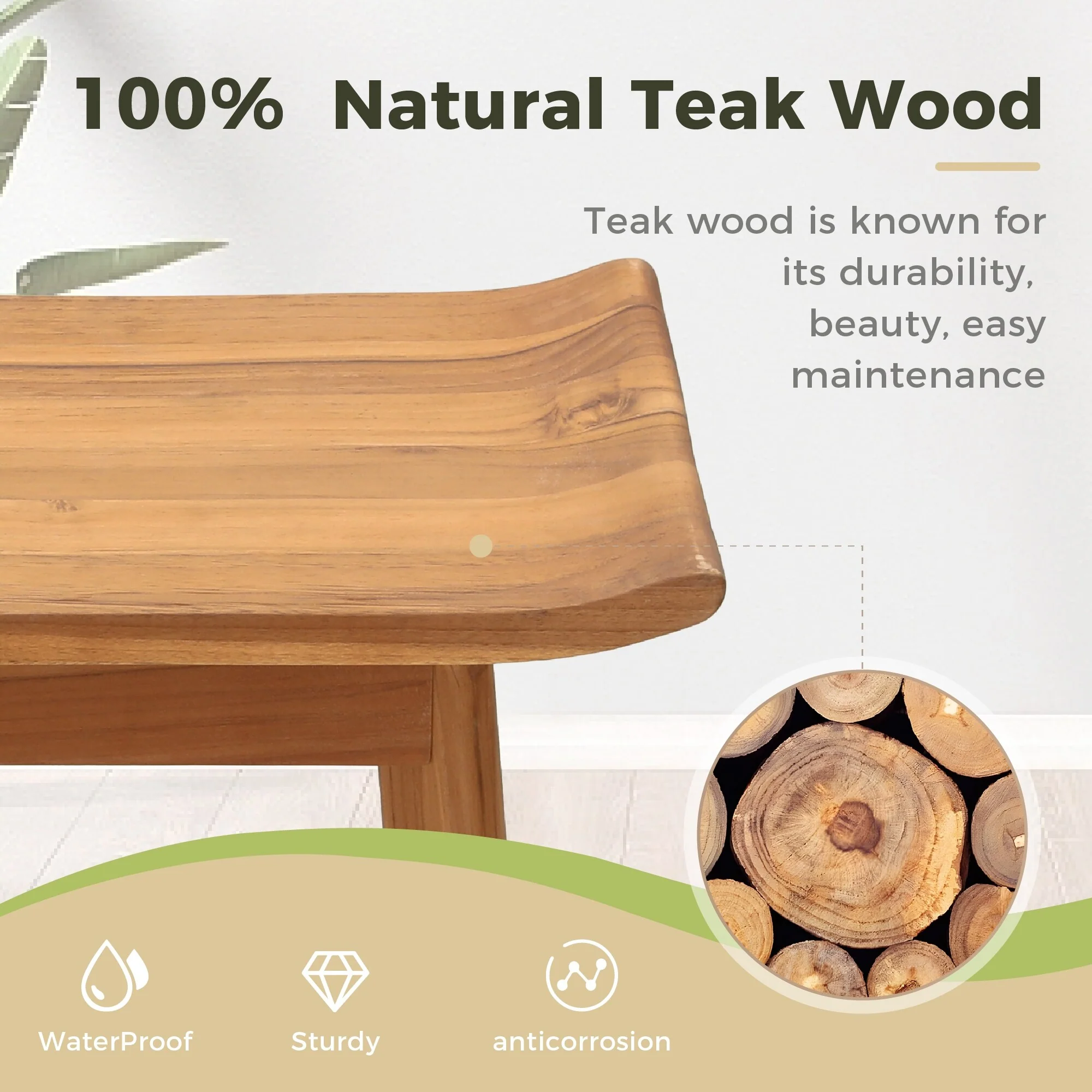 Bathroom Stool with Storage Shelf, Teak Shower Bench Waterproof Wood Bench, Shower Seat