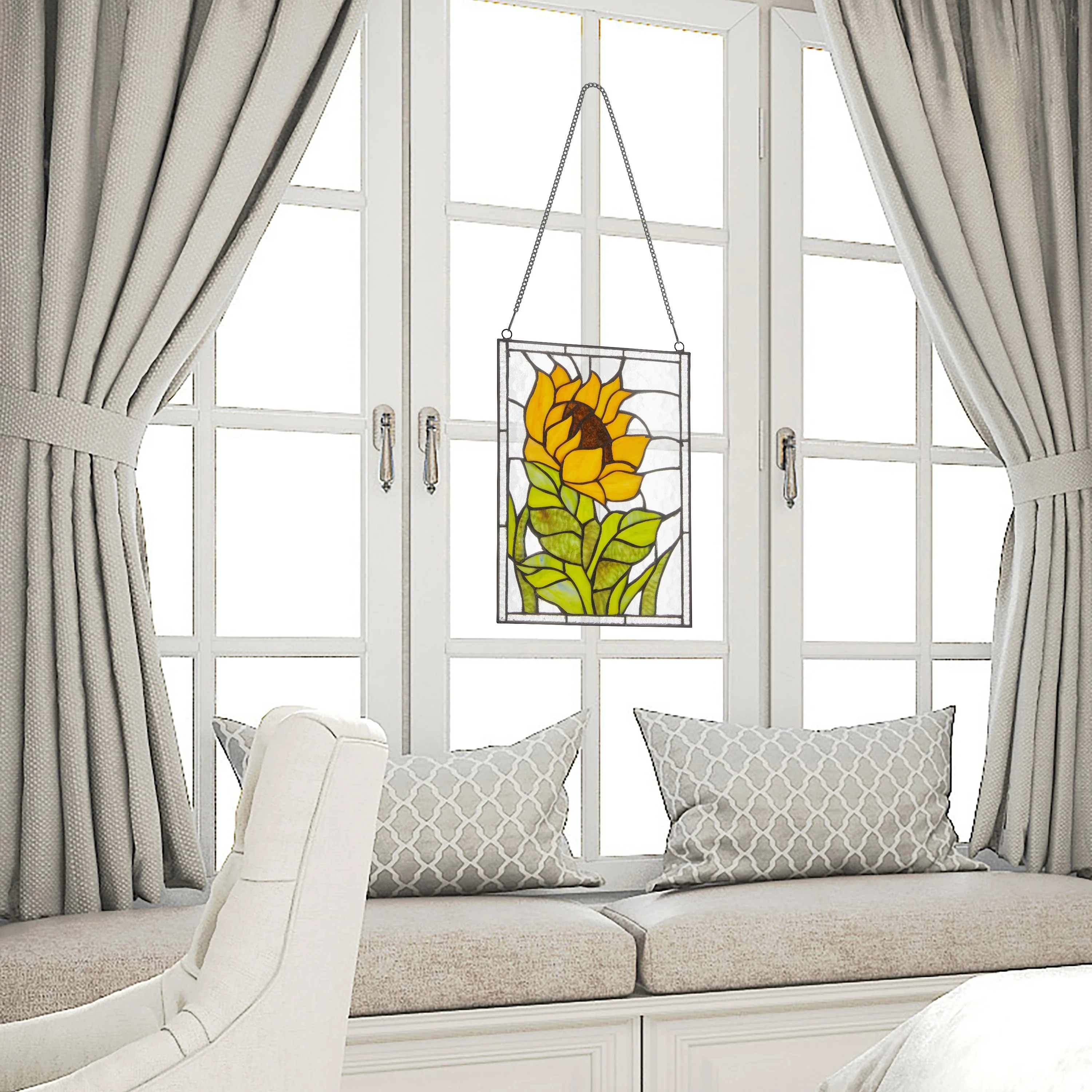Single Sunflower River of Goods Stained Glass Vertical Window Panel