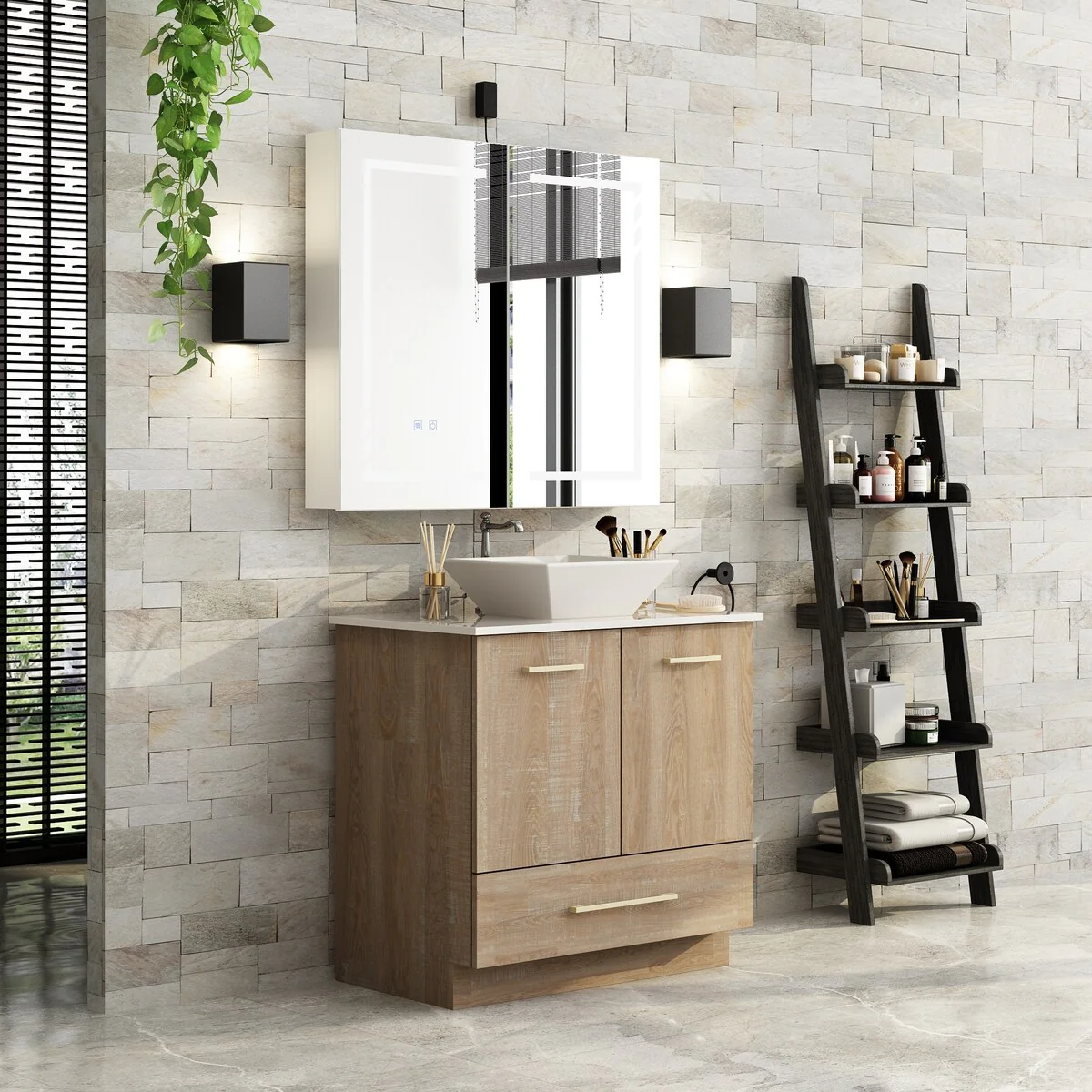 Bathroom Vanity with Ceramic Basin and Modern Medicine Cabinet Combo