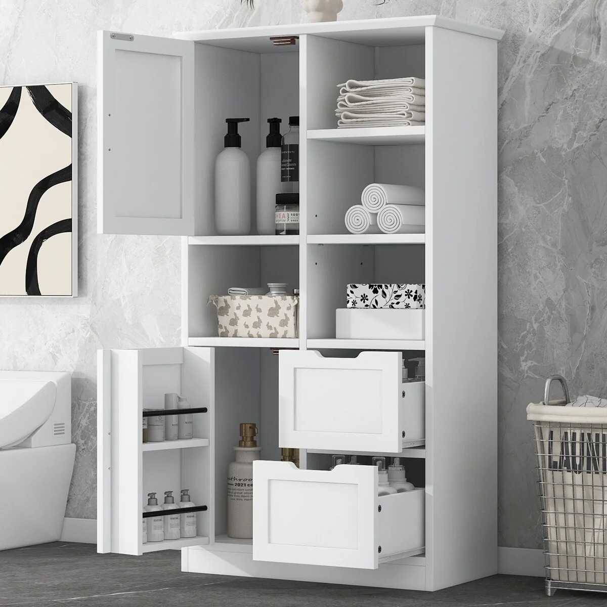 Bathroom Storage Cabinet with Doors and Drawers, Open Shelve, Adjustable Shelf