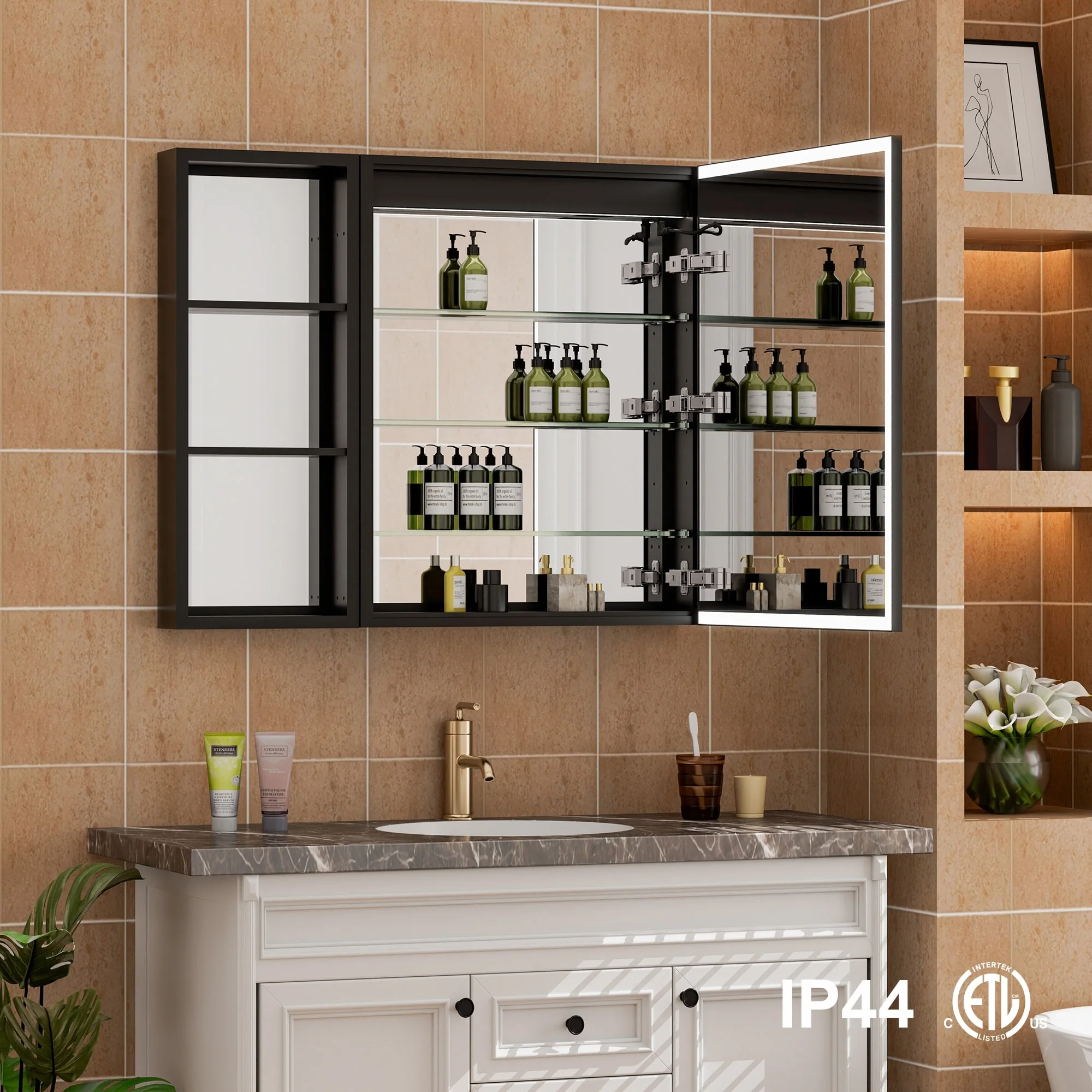 30 in. H Recessed or Surface Wall Mounted LED Mirror Cabinet With Black Side Cabinet