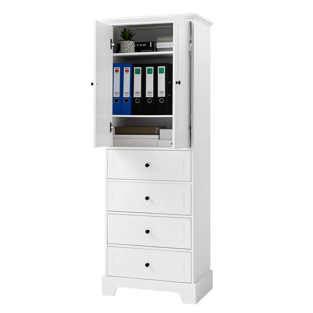 Wooden Storage Cabinet with 2 Doors and 4 Drawers, Adjustable Shelf