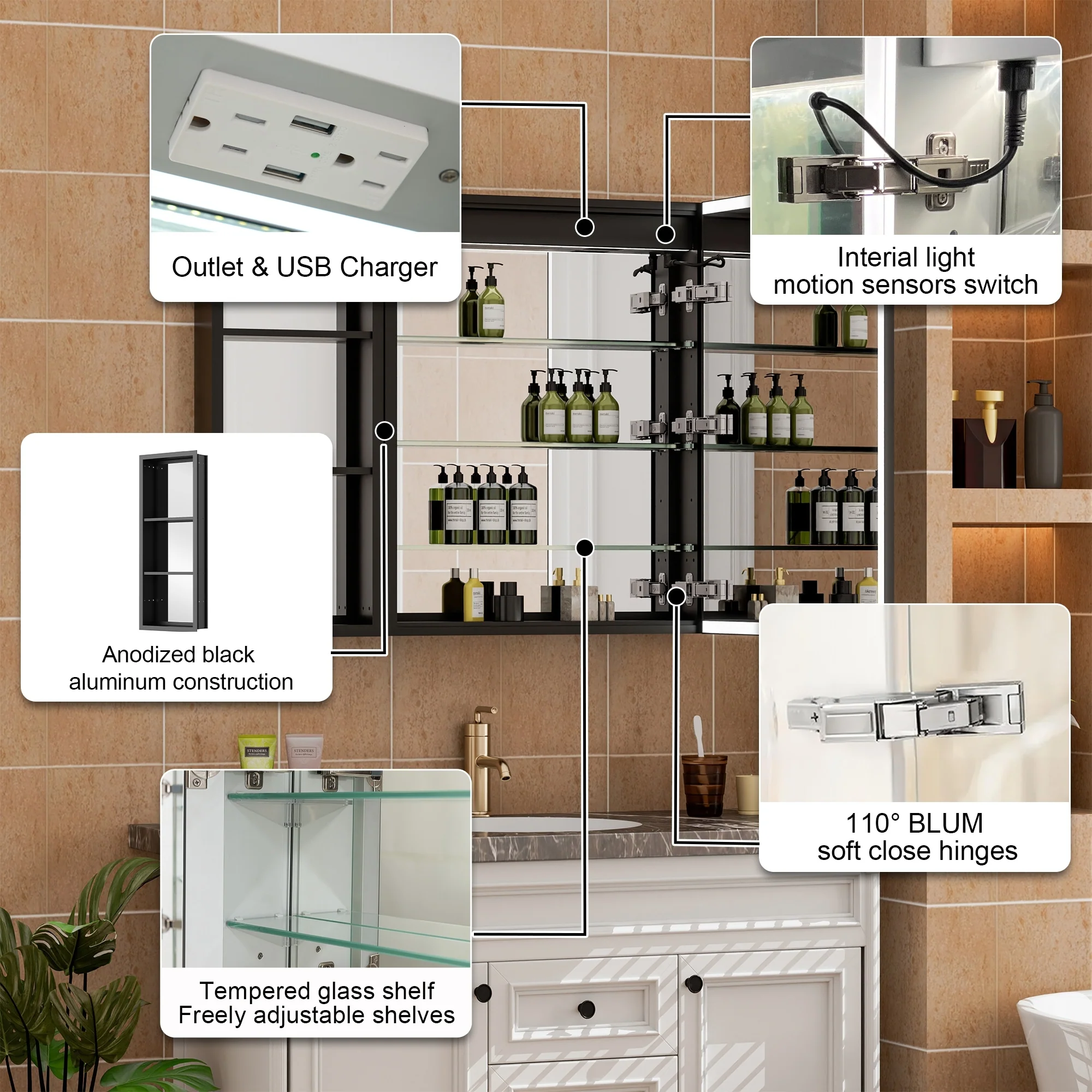 30 in. H Recessed or Surface Wall Mounted LED Mirror Cabinet With Black Side Cabinet