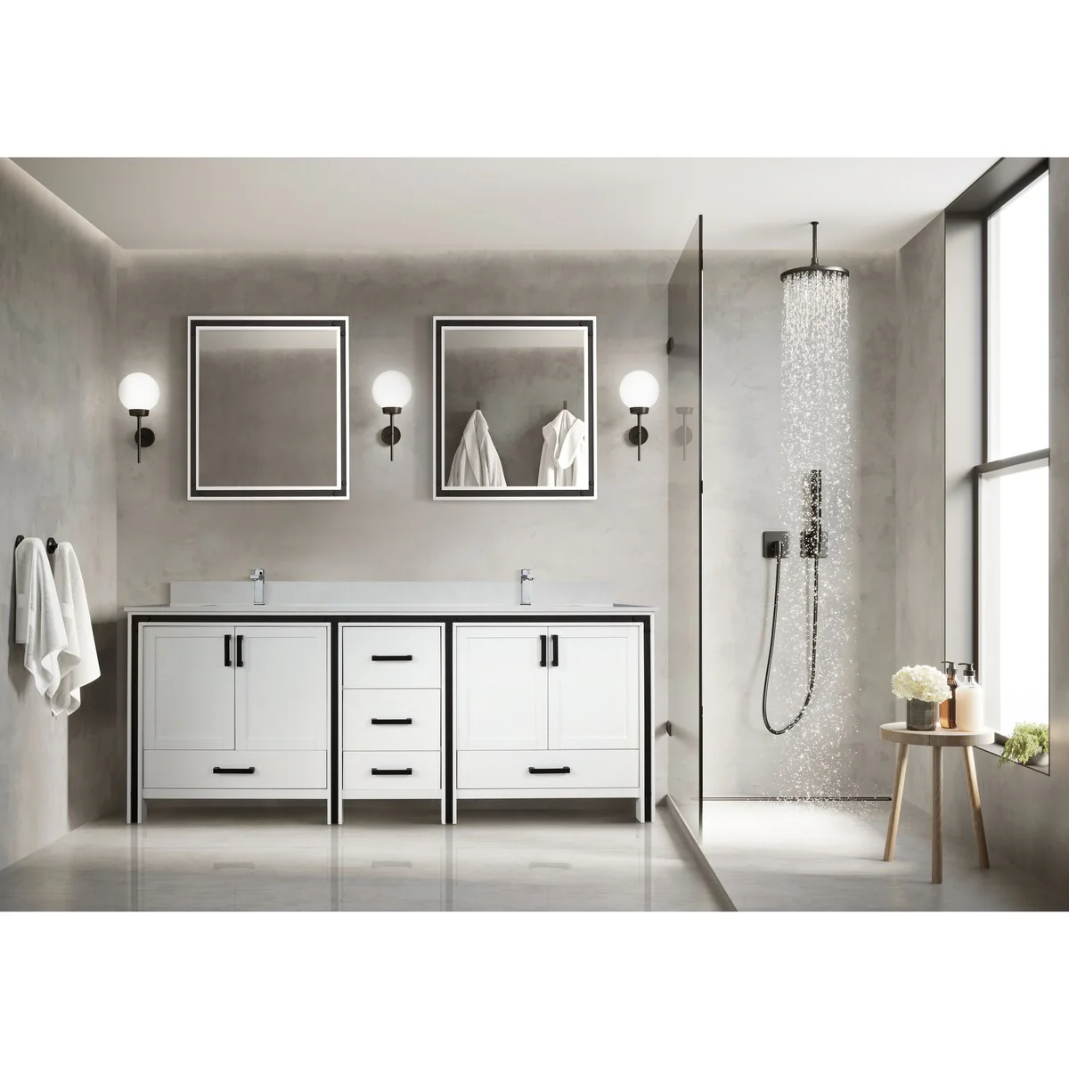 Ziva 80 in W x 22 in D White Double Bath Vanity, White Quartz Top, Faucet Set and 30 in Mirrors