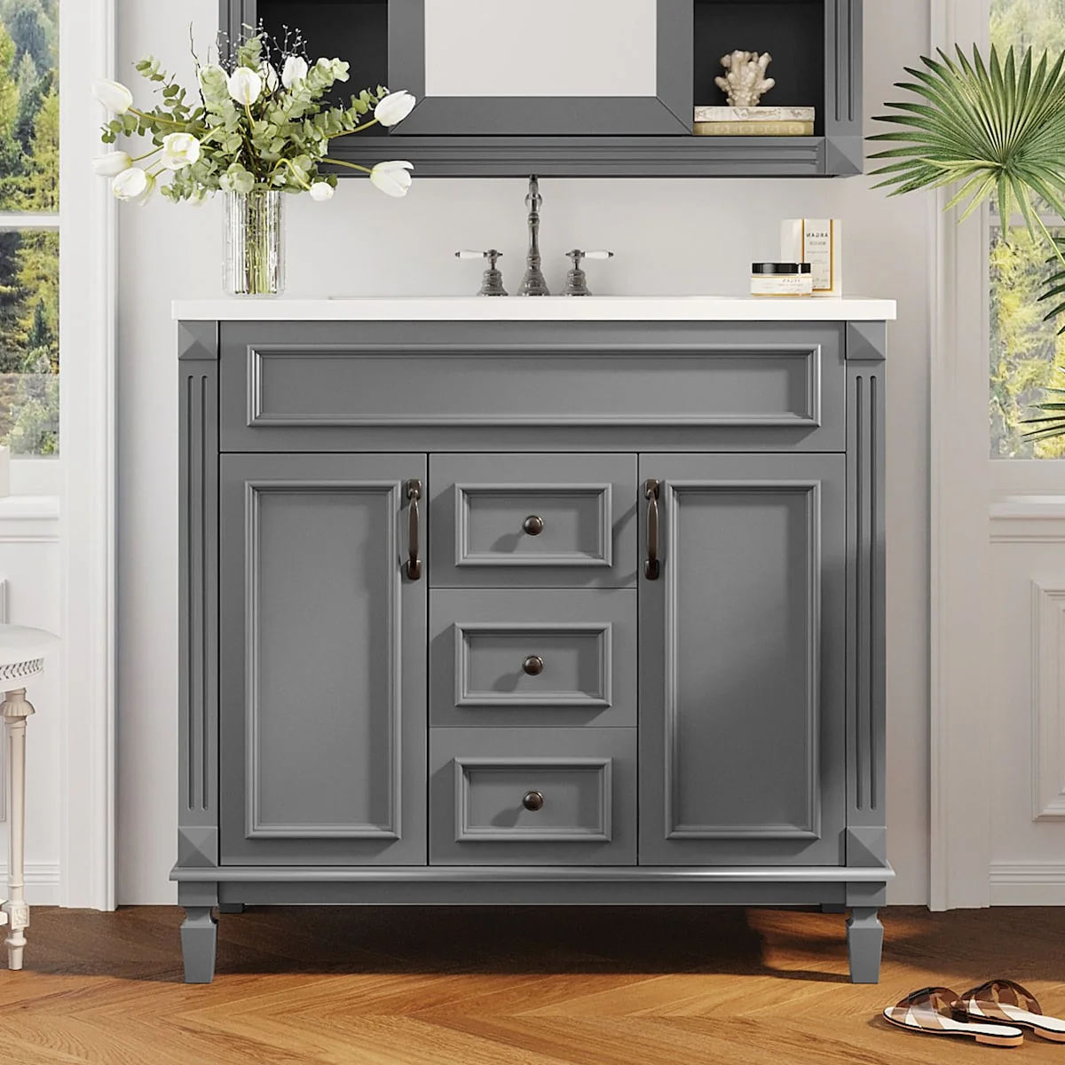 Modern Bathroom Storage Vanity with Top Sink, 2 Soft Closing Doors & 2 Drawers