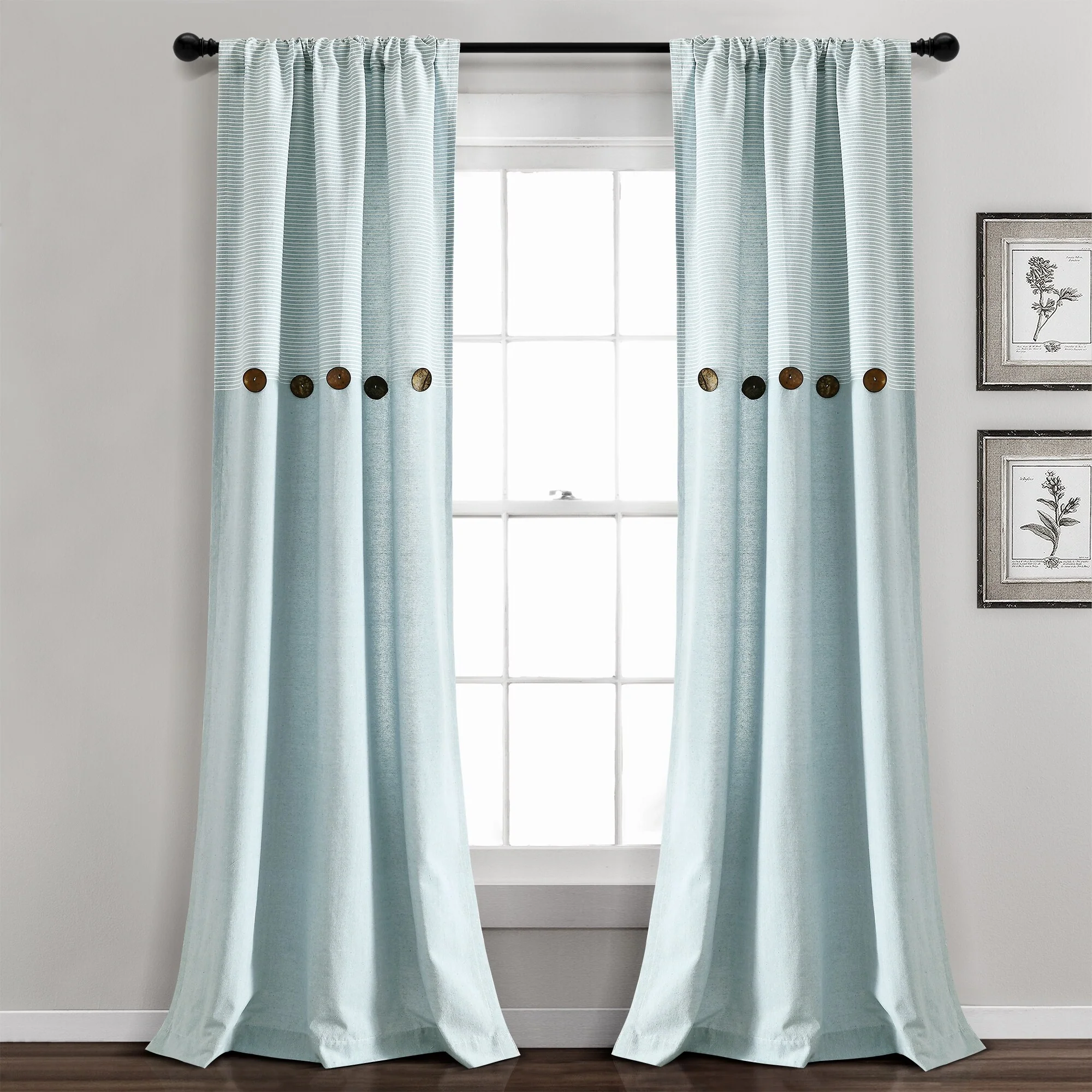 Lush Decor Farmhouse Button Stripe Yarn Dyed Woven Cotton Window Curtain Panel Pair