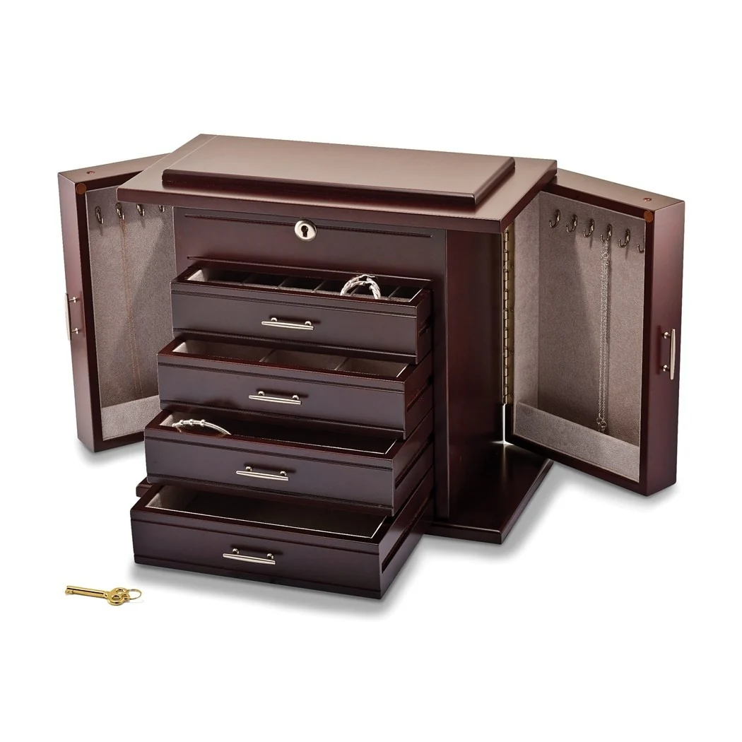 Curata Giftware Matte Mahogany Finish Poplar Veneer 4-Drawer W/Swing-Out Sides Locking Wooden Jewelry Box