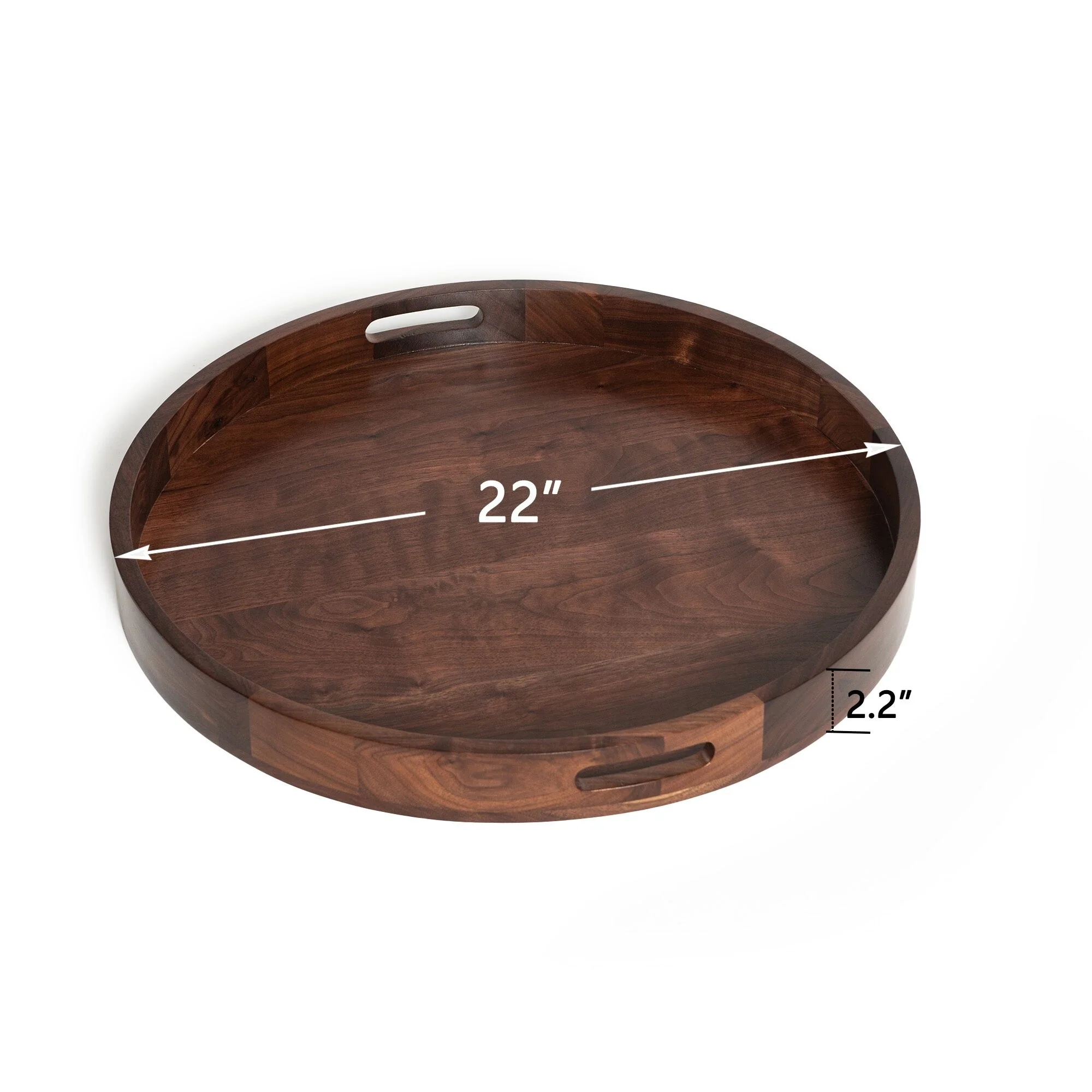 KINWELL Round Black Walnut Wood Serving Tray Ottoman Tray with Handles
