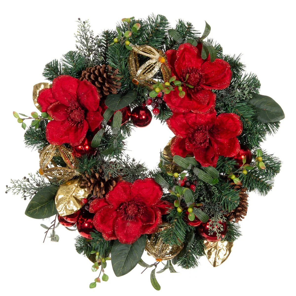 24 in. Lighted Christmas Wreath - Red Magnolia - Assorted