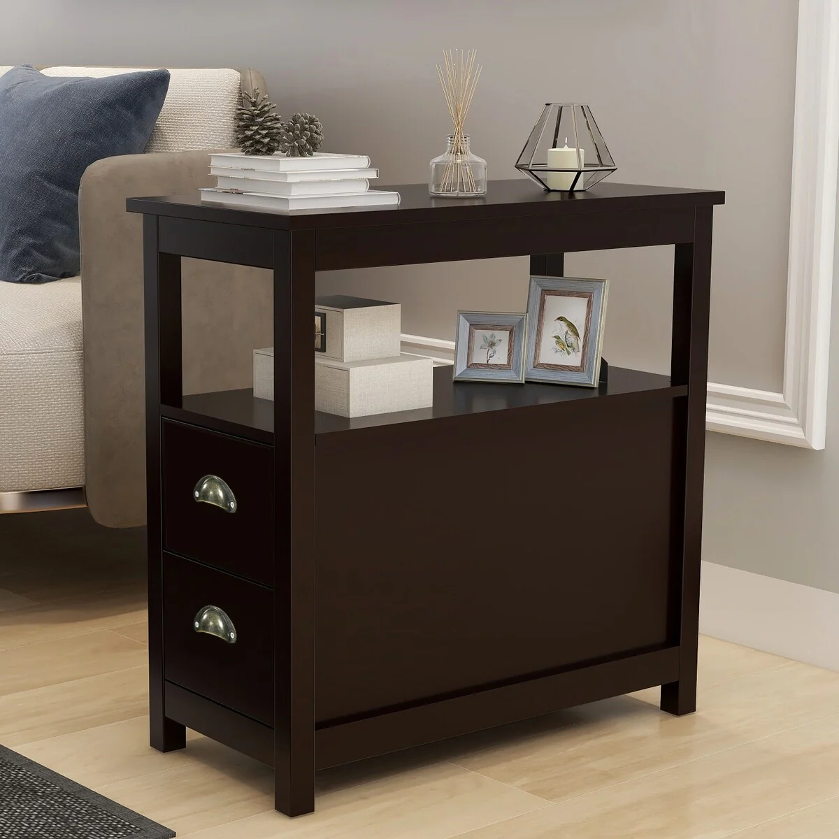 Brown Narrow Nightstand with Two Drawers and Open Shelf