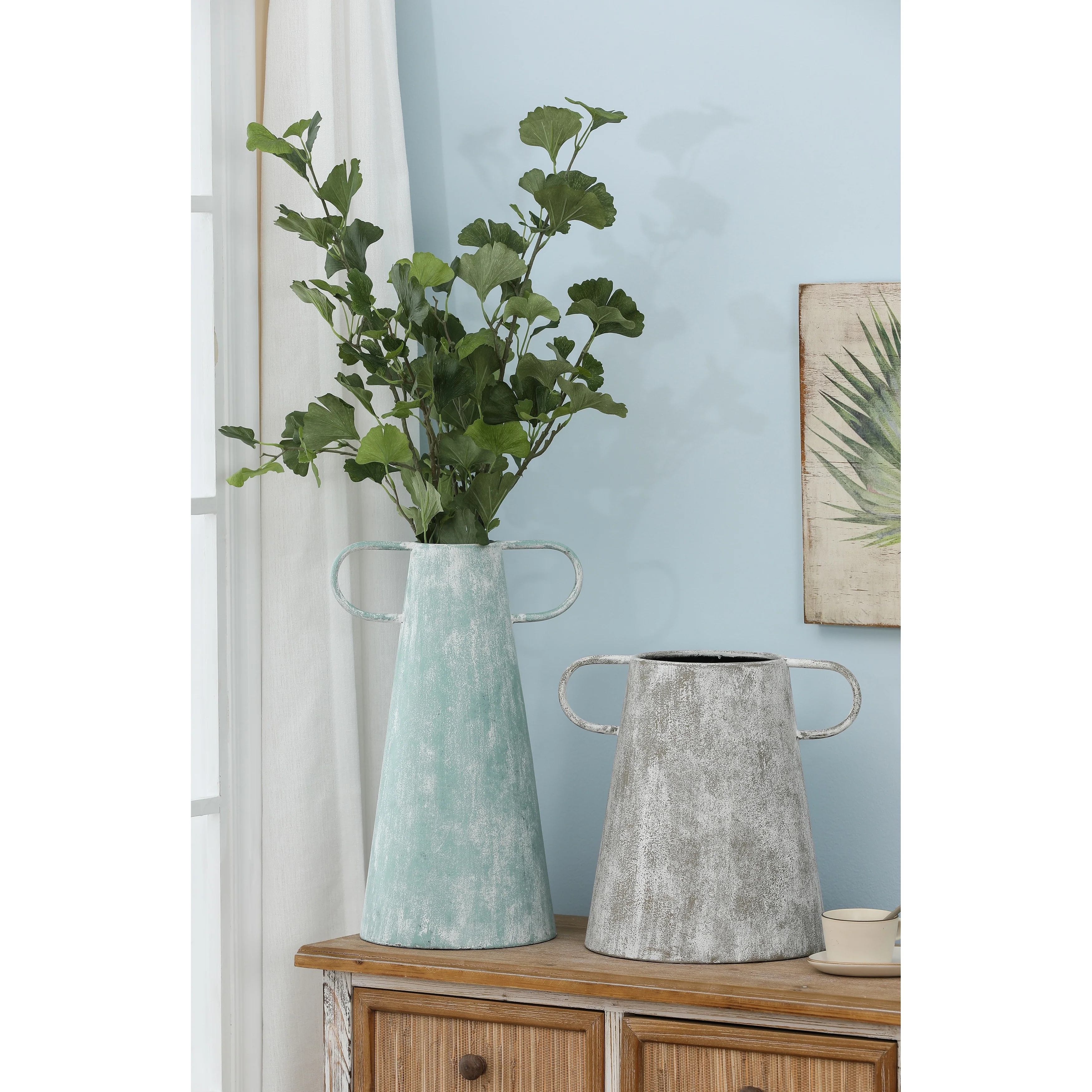 Farmhouse Blue and Grey Metal Vases (Set of 2)