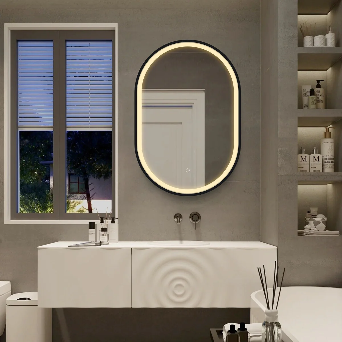 LED Oval Black Metal Framed Wall mount Bathroom Medicine Cabinet